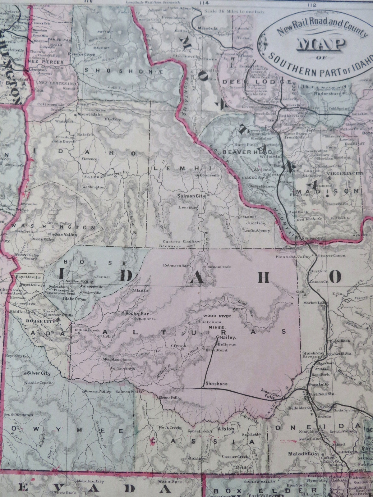 Southern Idaho Railroads Boise Haily Silver City 1882 detailed county map