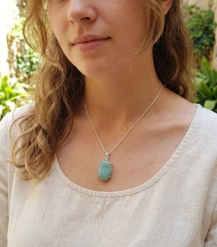 Amazonite Pendant, 925 Sterling Silver Oval Cabochon Necklace, Gemstone Pendant