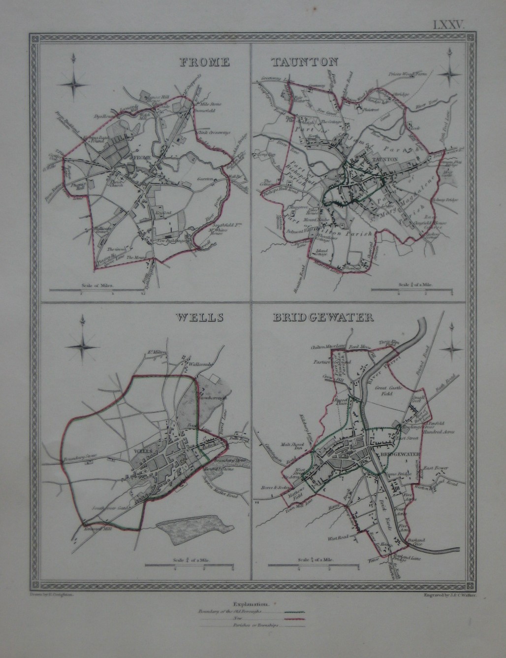 Original 1835 Borough Map TAUNTON WELLS BRIDGEWATER FROME Somersetshire England