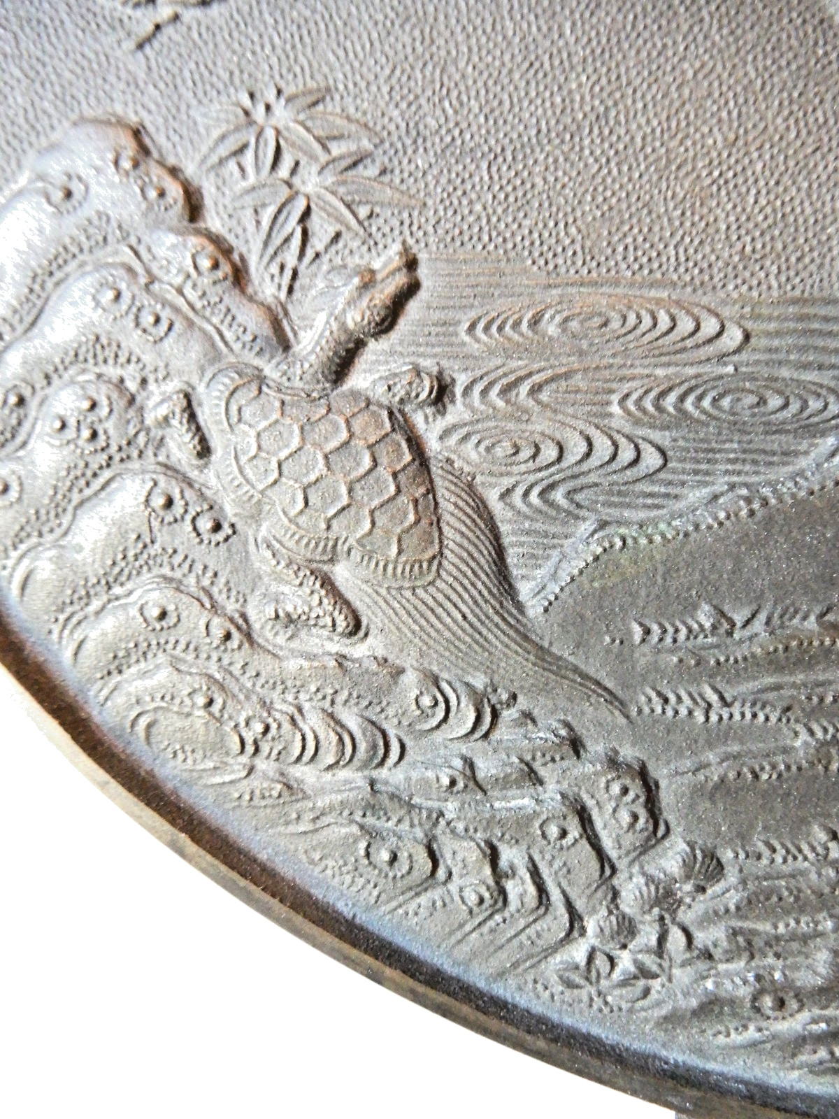 Antique Japan Solid Bronze Hand Mirror, beautiful CRANES design 9 1/2″ W c.1800s