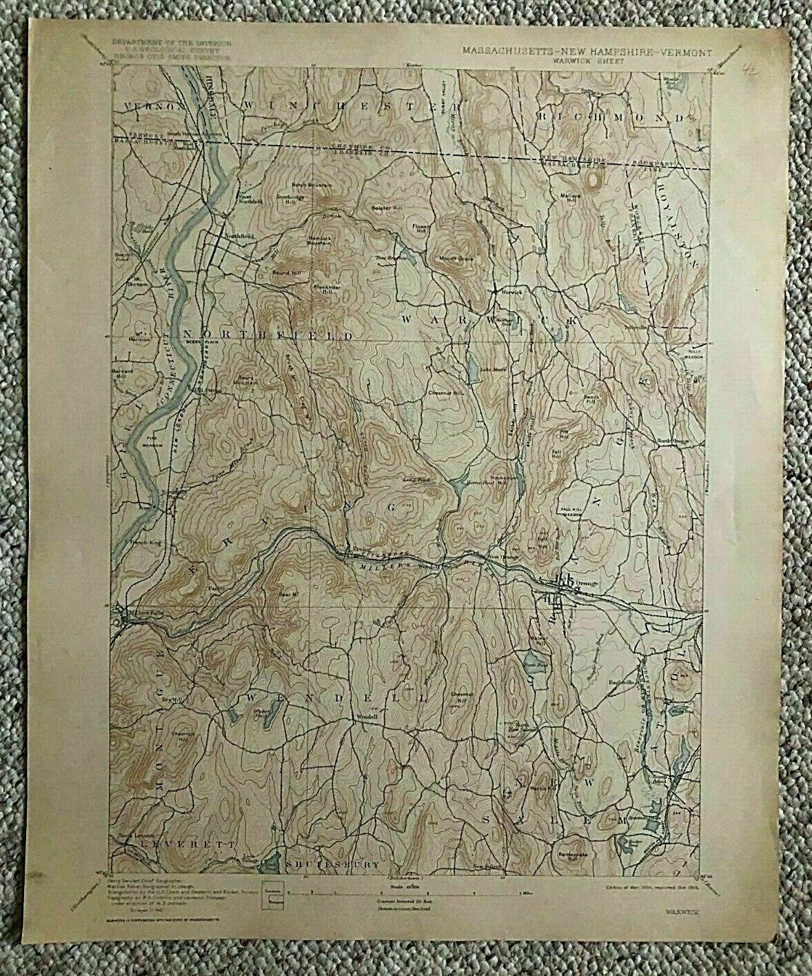 1915 Geological Survey Topographic Map Mass Warwick Northfield Wendell & Others