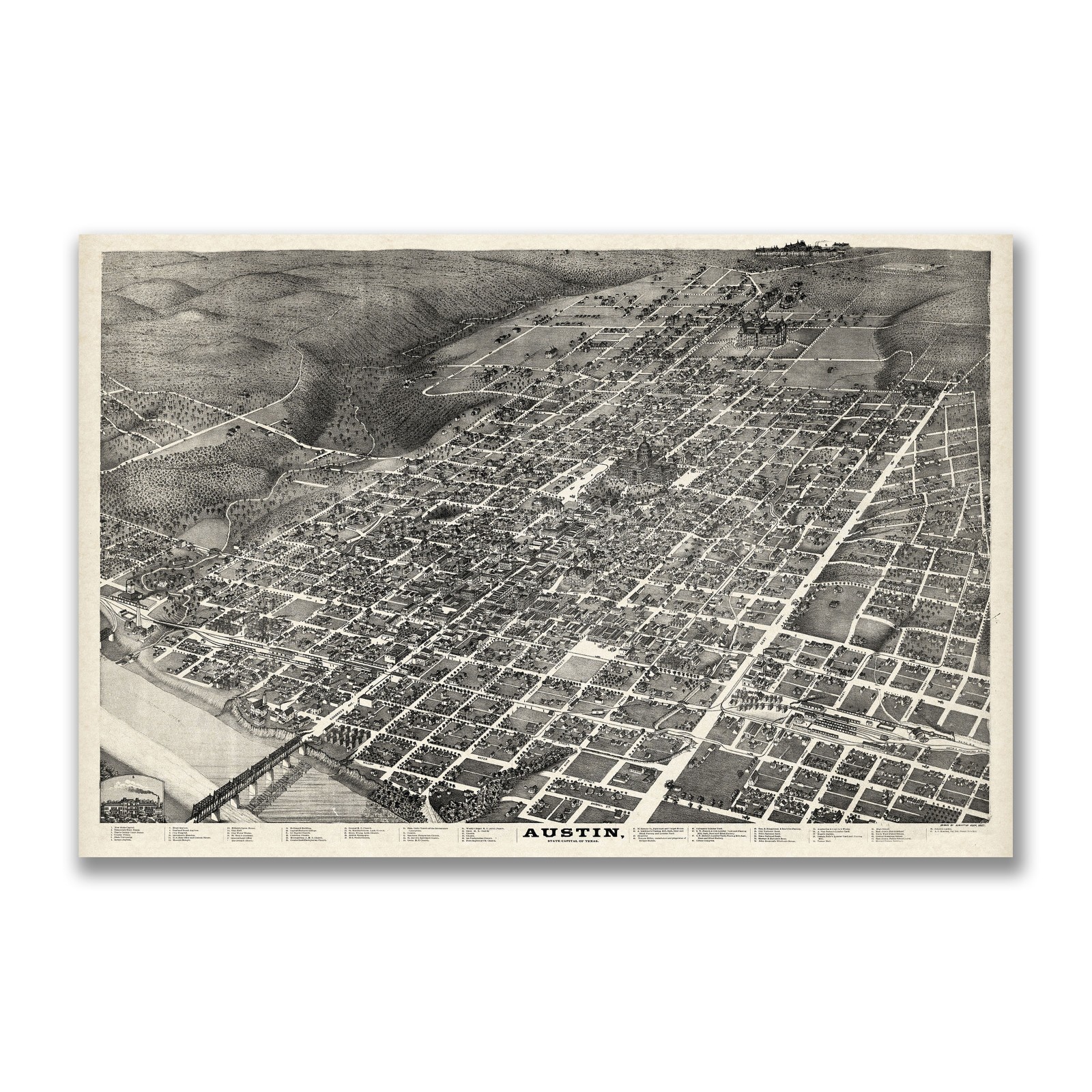 Austin TX 1873 Vintage Map 11×14 Bird’s Eye View Historic Wall Art Print