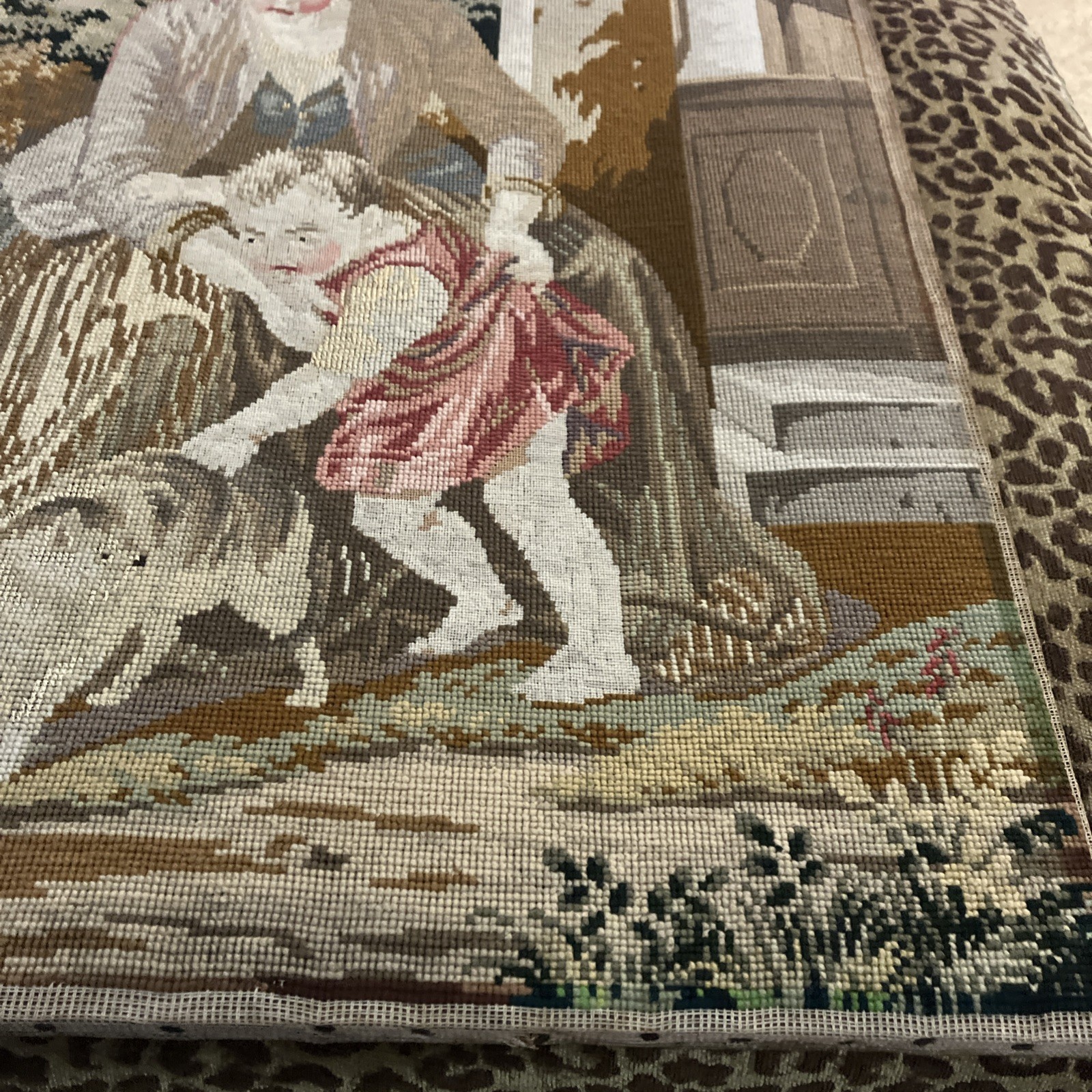 Gorgeous Antique Victorian Needlepoint Woman Girl And Cats