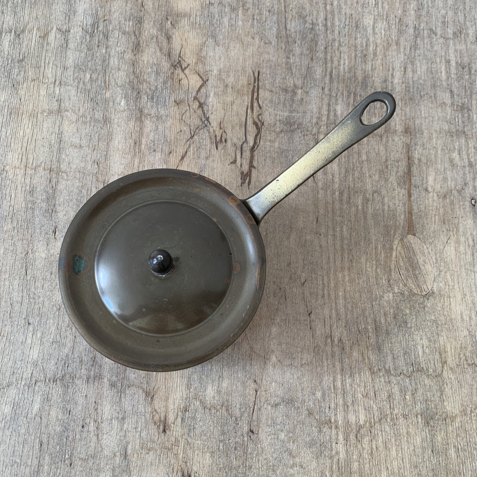 Antique Vintage Copper & Brass Handled Tin Lined Small Lidded Pan Cookware Decor