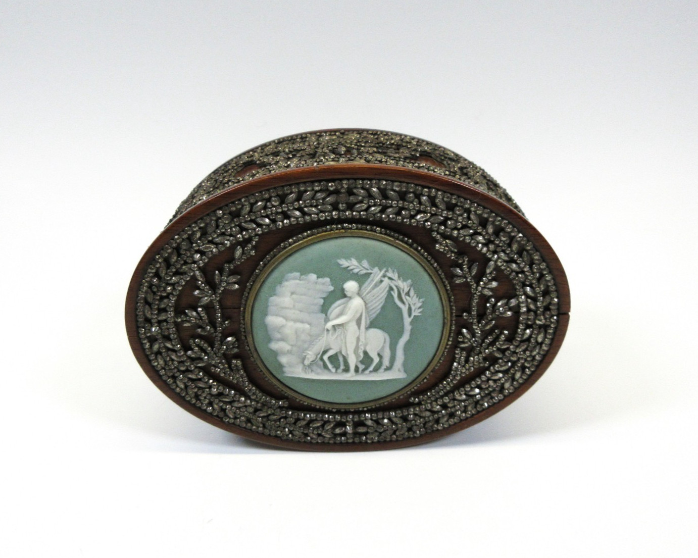 Antique cut steel overlaid wood dresser box with Wedgwood Pegasus horse plaque