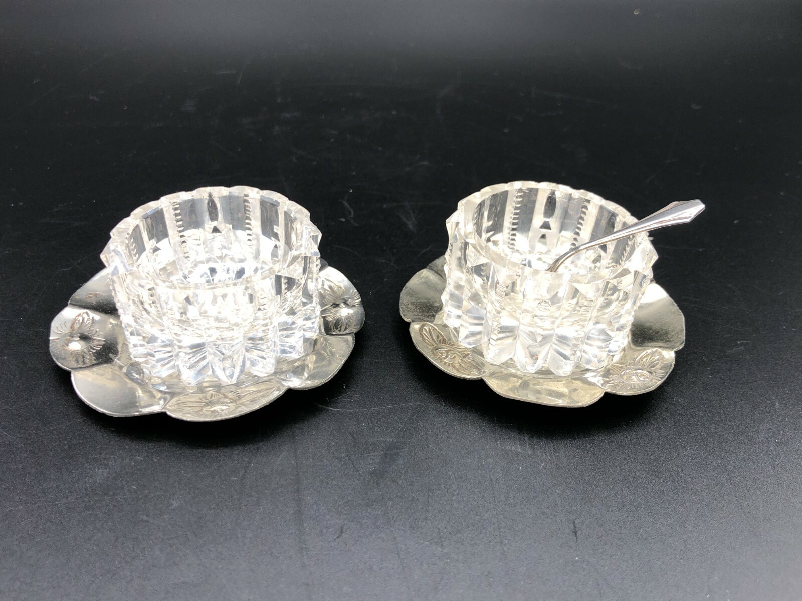 Vintage Pair Cut Crystal w/700 Silver Underplate Individual Salt Cellar & Spoon