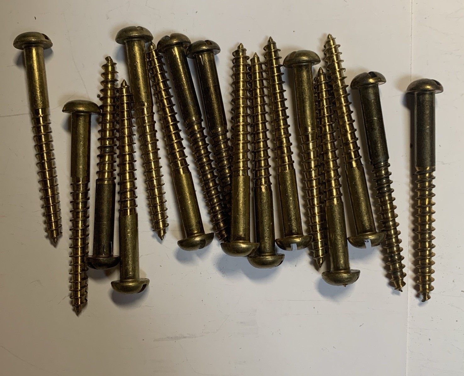 16 Vintage NOS RoundHead Solid Brass Wood Screws 2 X 10 3/16 In Nice Patina E