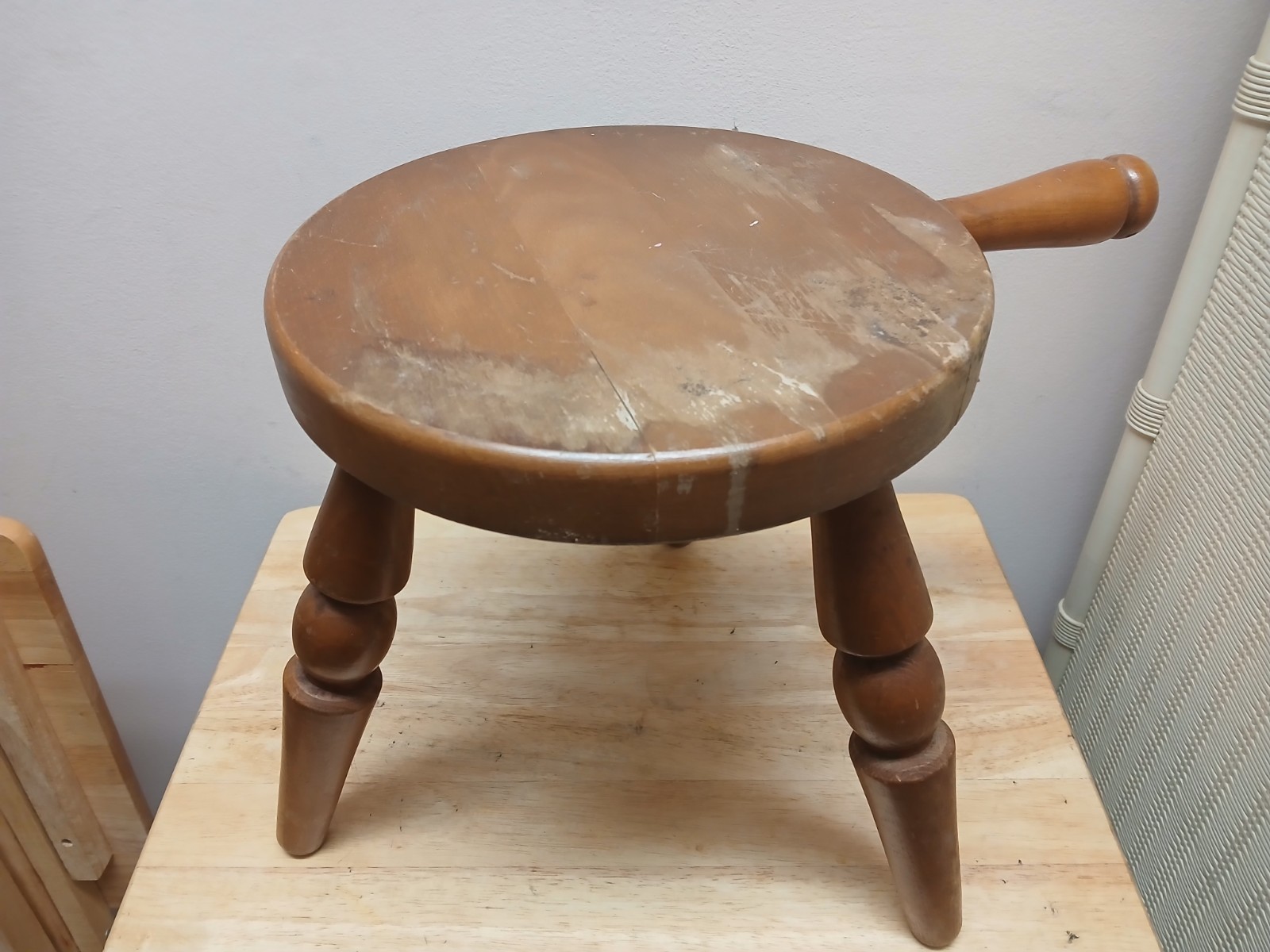 VTG Wood Milking Stool Authentic Furniture Product 3 Legged Handle Footstool USA