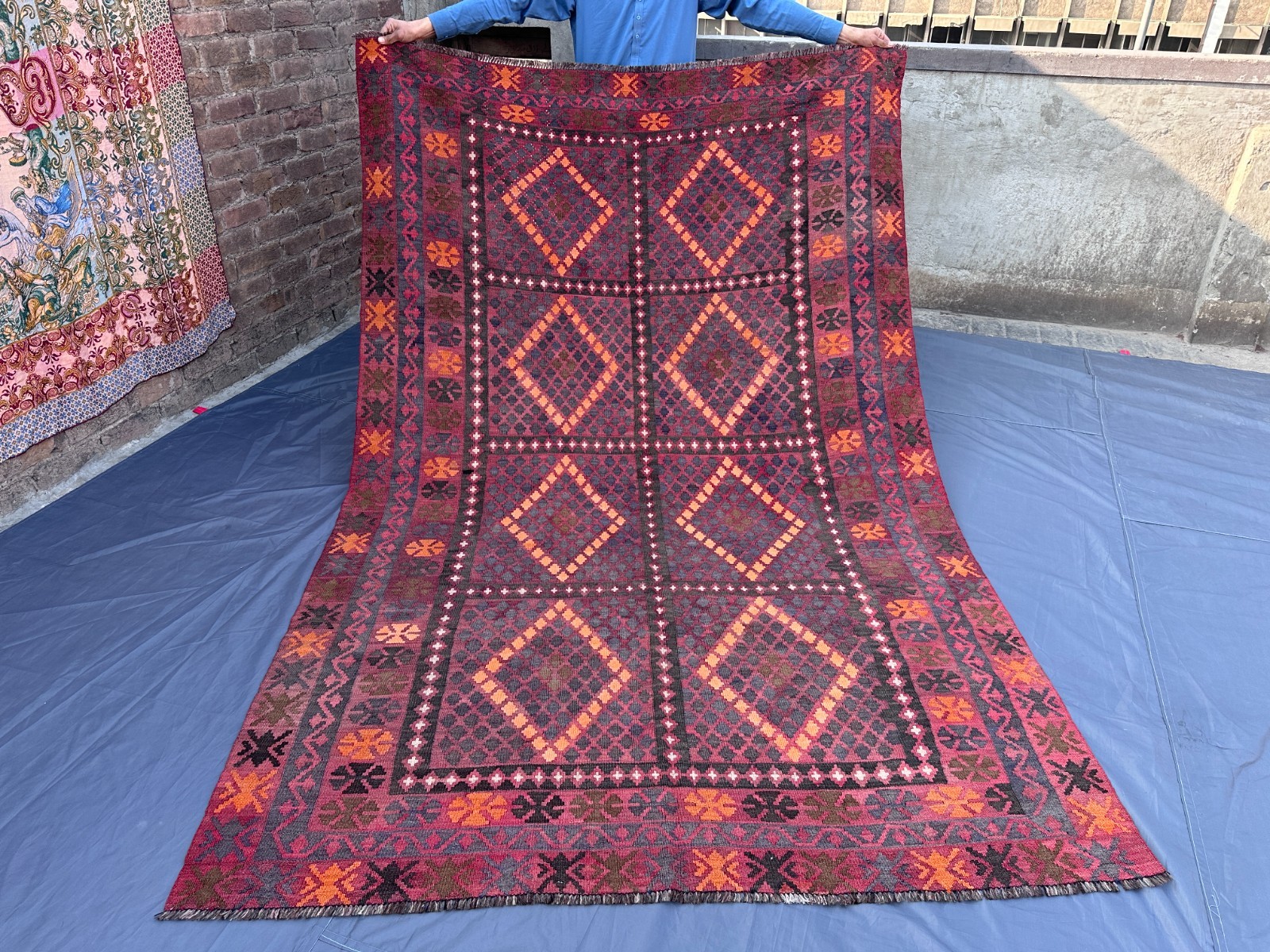 Vintage Terracotta Faded Rare Kilim Rug, Handmade Wool Tribal Geometric Flat Rug