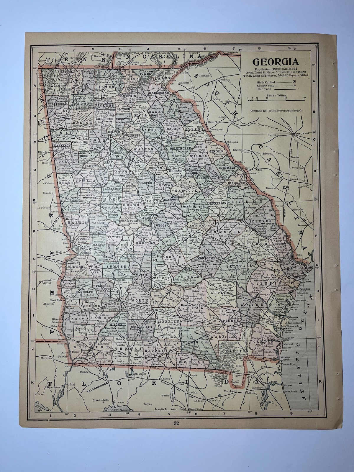 1904 GEORGIA State Map fm the 1903 Peerless Atlas SEE DESCRIP