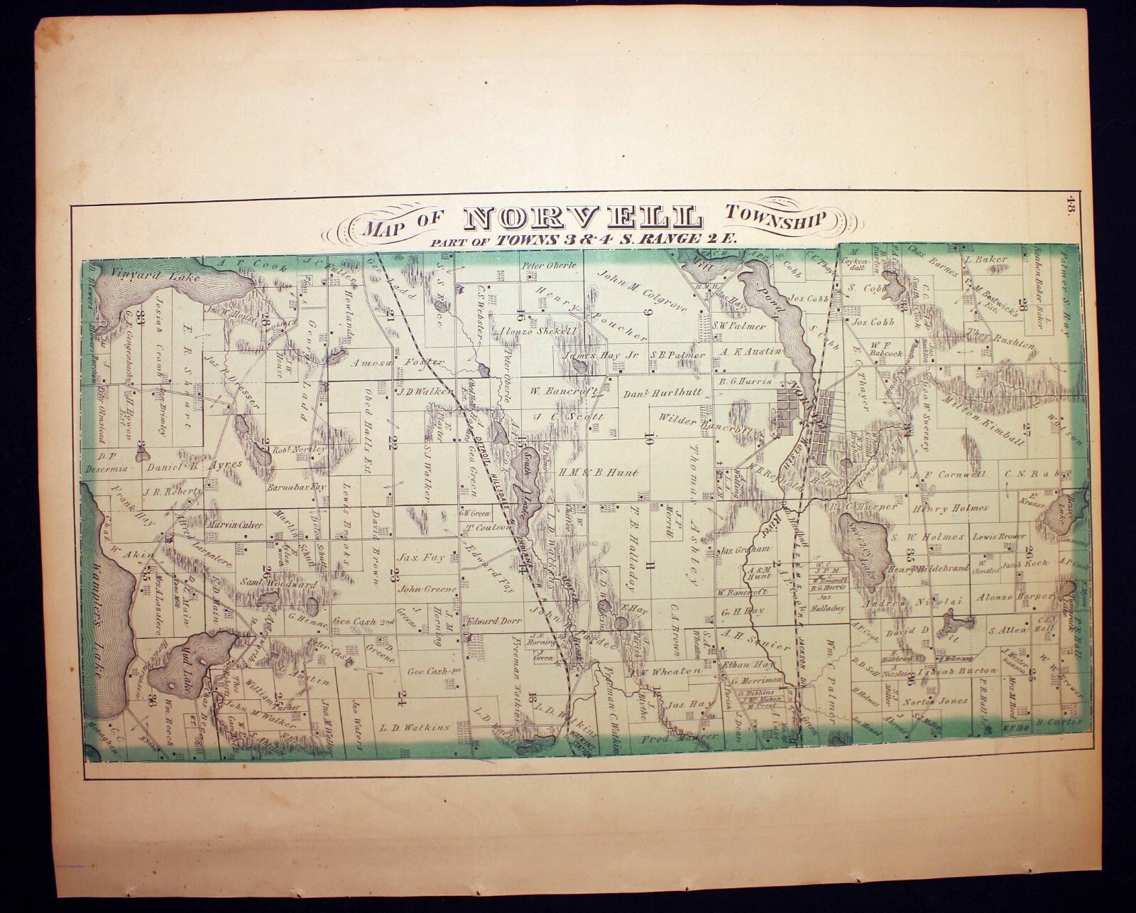 1874 Plat Map Norvell Township Jackson County Michigan Sweezy Lake