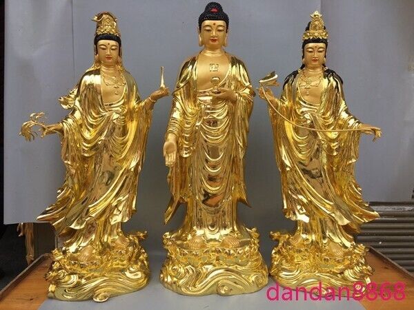 25.8″Tibet Buddhism temple bronze Gilt Tara kwan-yin Western 3 god buddha statue