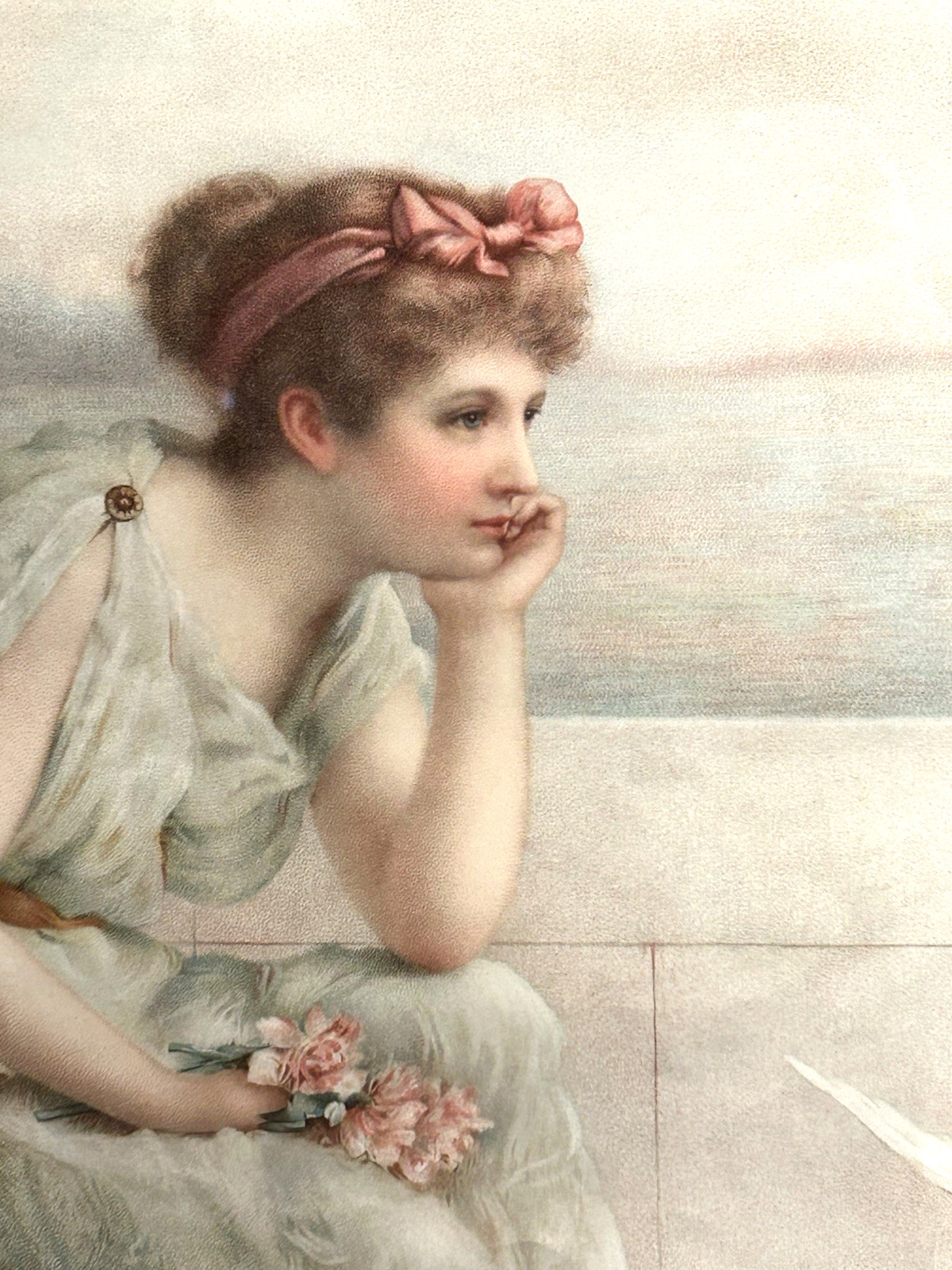 Large Framed Antique Chromolithograph Print Woman Love Sea Elegant Romantic