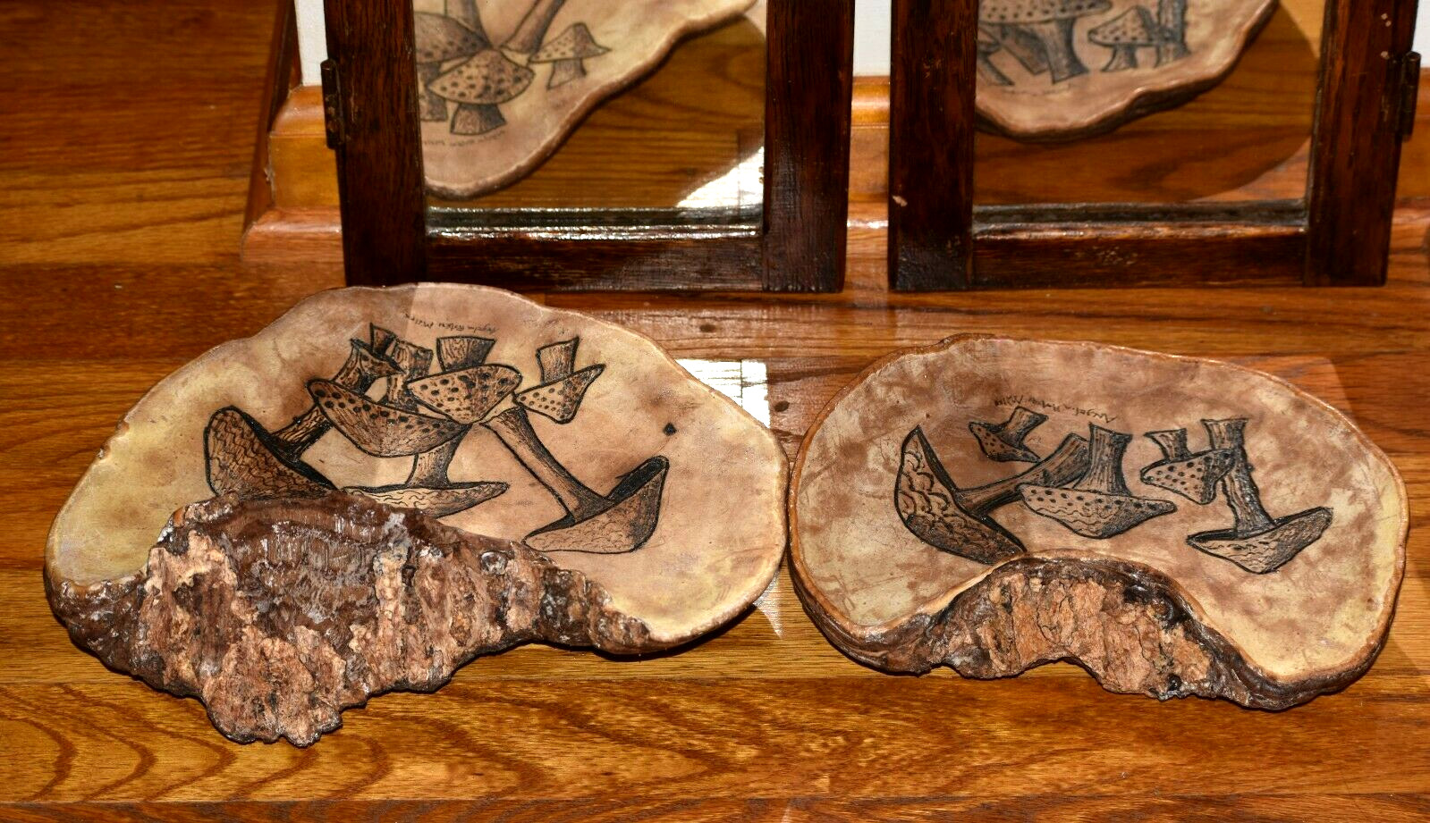 Antique Mirrors Oak Repurposed Art with Conk/Toad Stool Mushroom Art Shelves Set