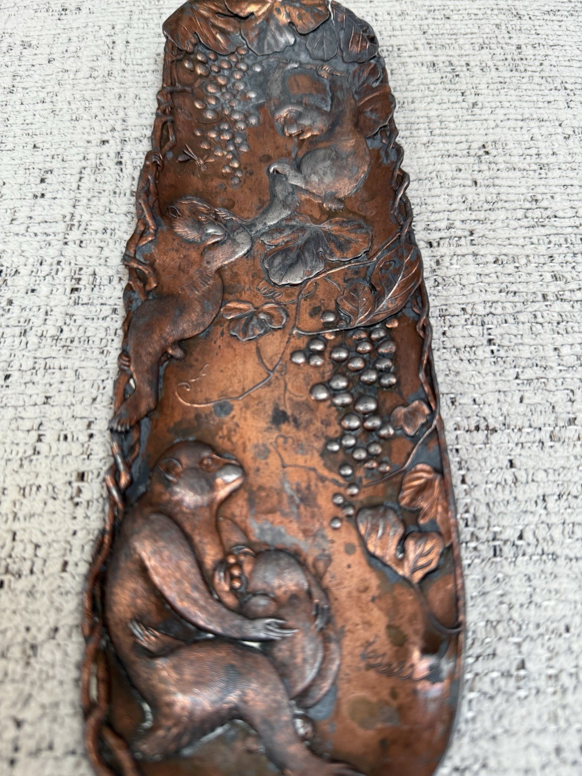 Japanese Mejii Period Bronze Tray Aesthetic Movement Monkeys & Grapes Motif Read