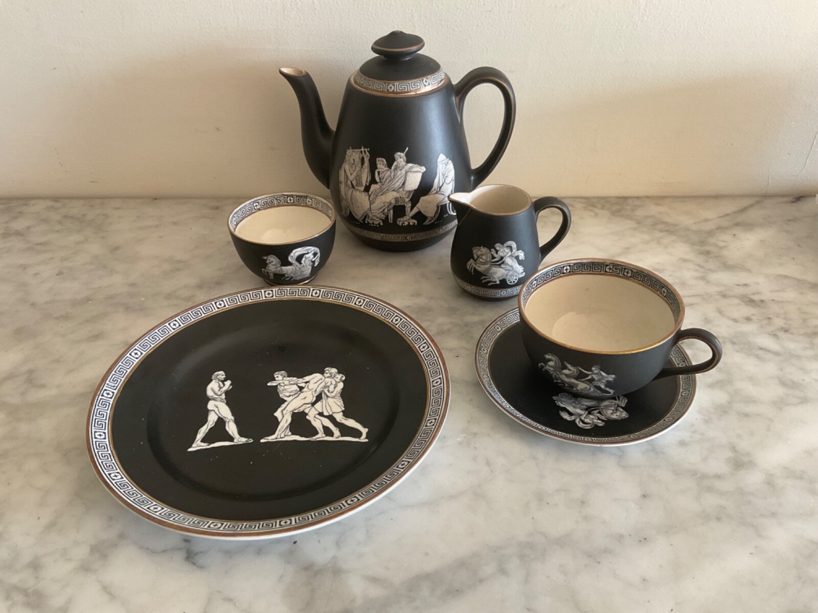 Antique F&R PRATT Greek Prattware c19th Pottery Breakfast Set Tea for 1 Teapot