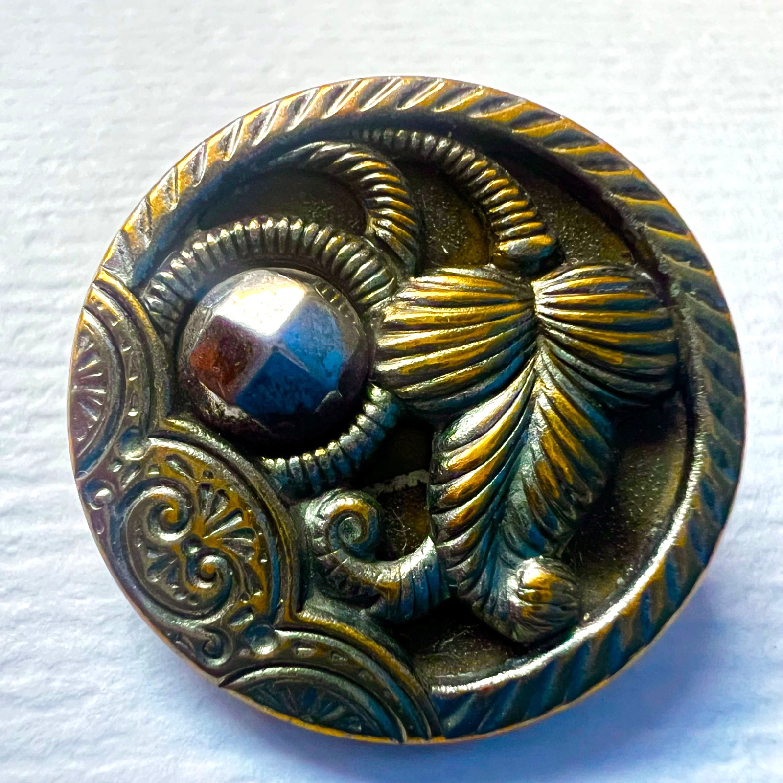 Antique Brass Raised Metal Cut Steel Facet Ball With Leaf Design 7/8”