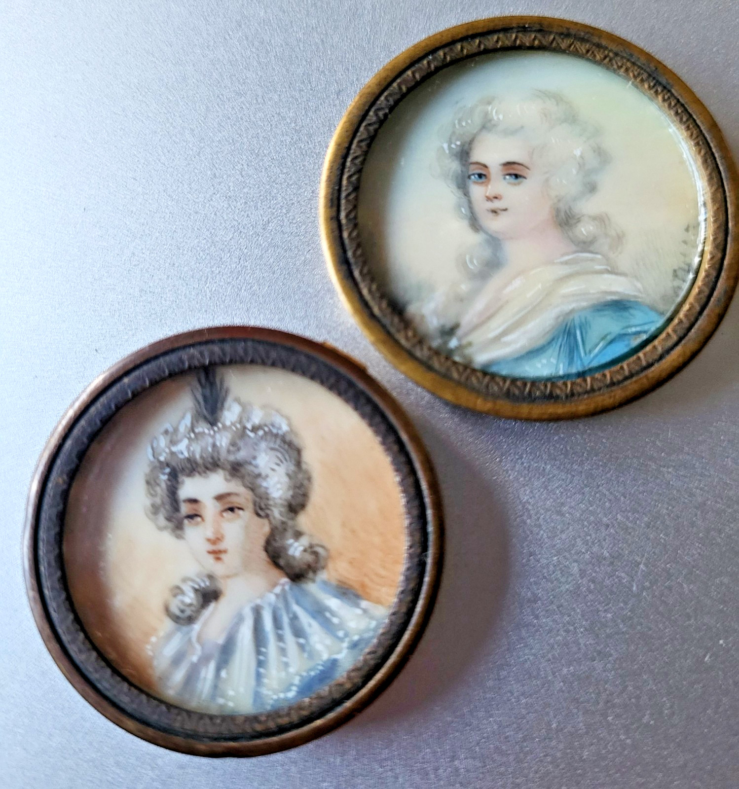 Two Georgian Antique Miniature Watercolour Painting Portraits. Signed. refxbed.