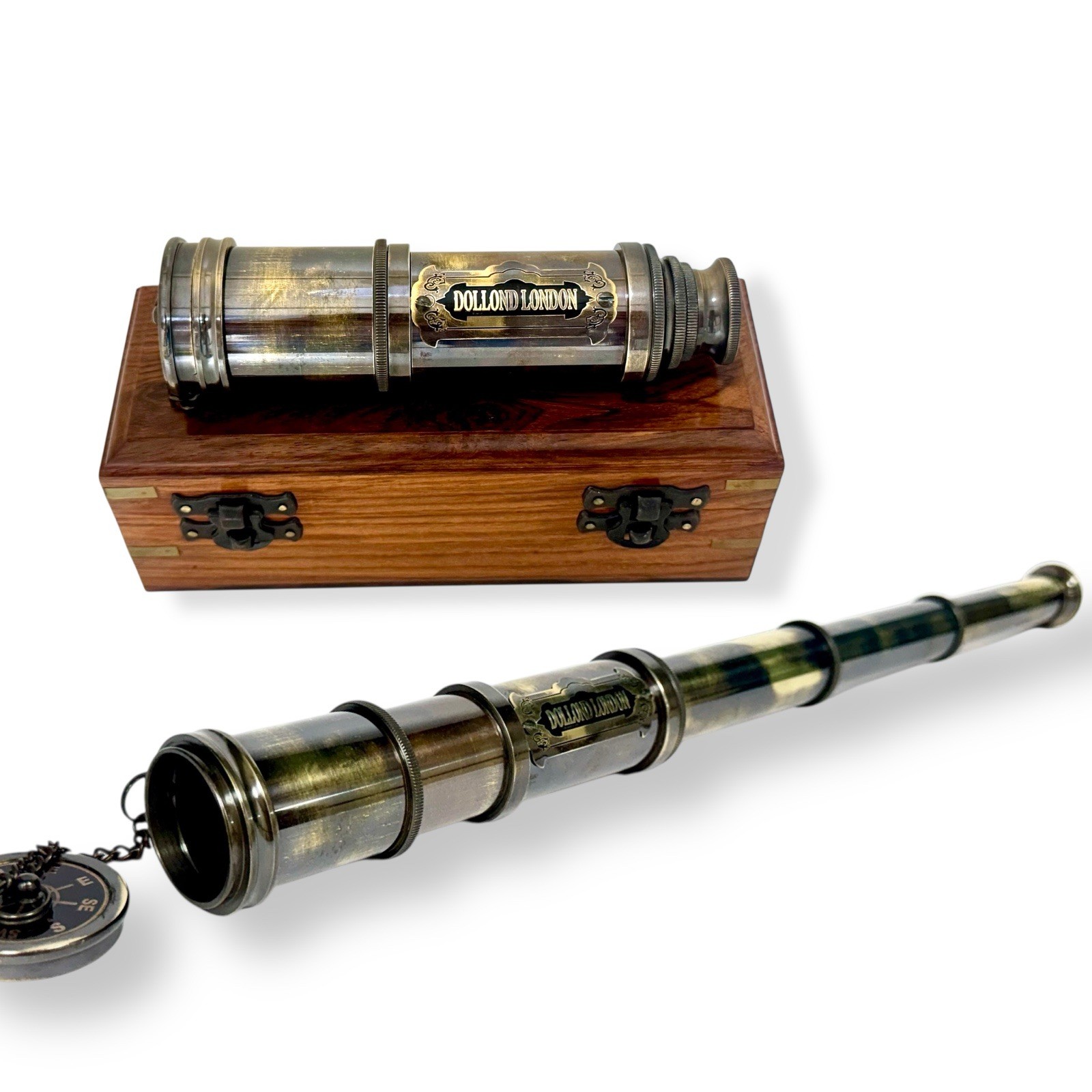 BRASS SPYGLASS TELESCOPE ANTIQUE VINTAGE 15″ MARINE TELESCOPE WITH WOODEN BOX