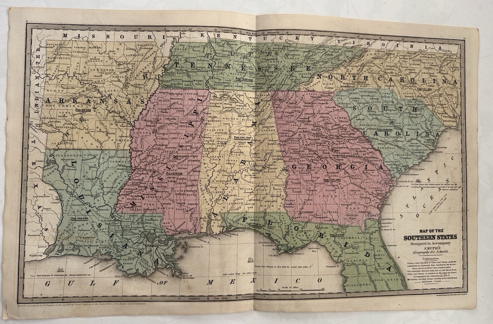Southern states LA MO AL GA SC NC TN Florida 1839 antique hand colored map