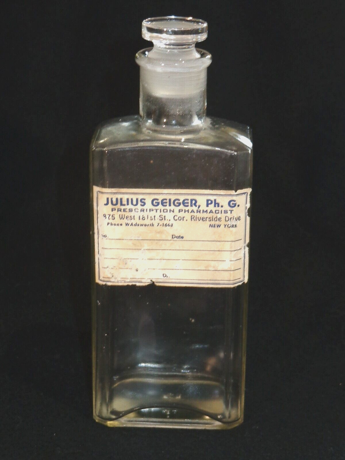 Antique New York Julius Geiger Ph.G. Pharmacist Druggist Glass Medicine Bottle