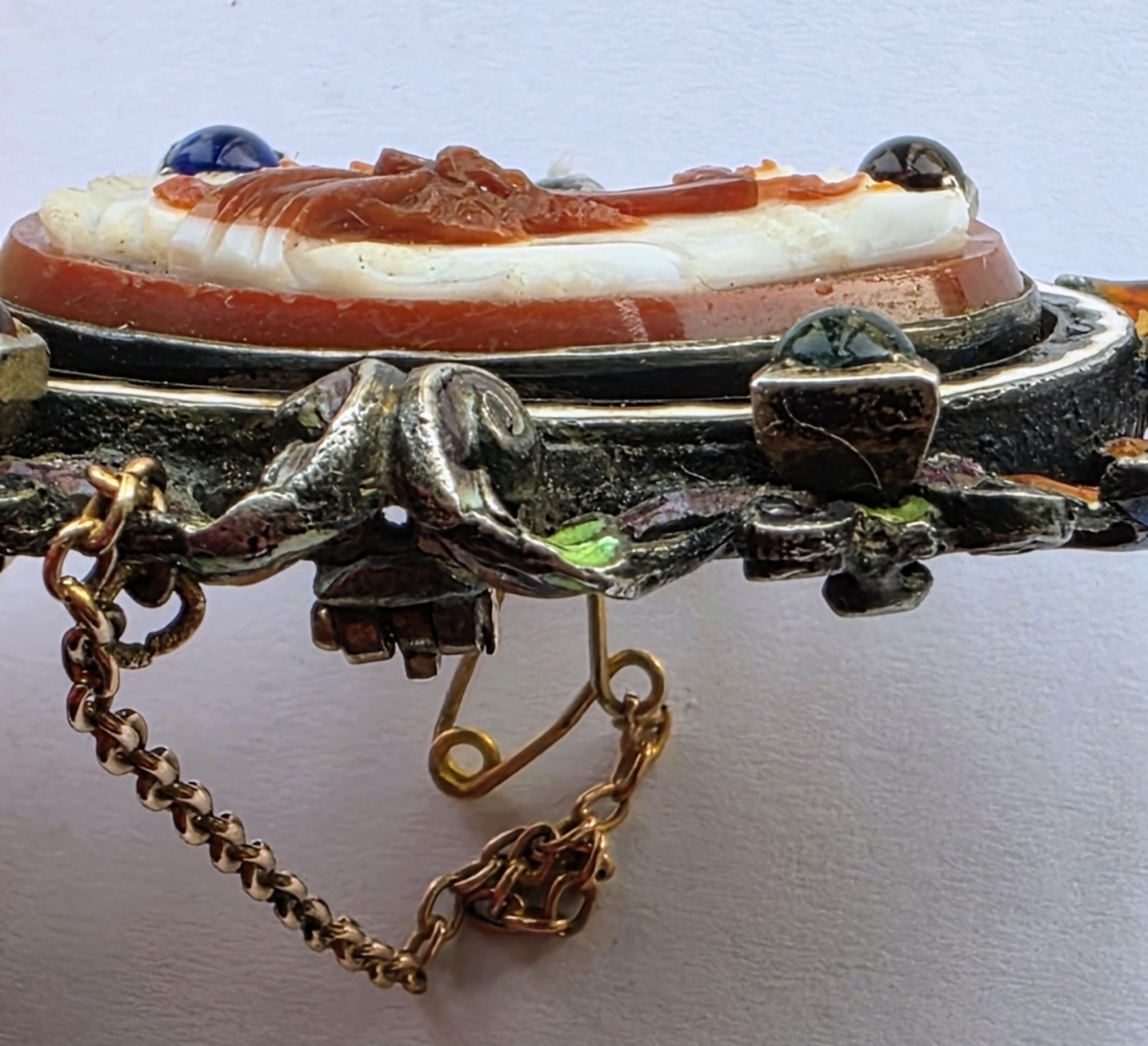 Unusual 19thc Sardonyx hardstone cameo and enamel brooch
