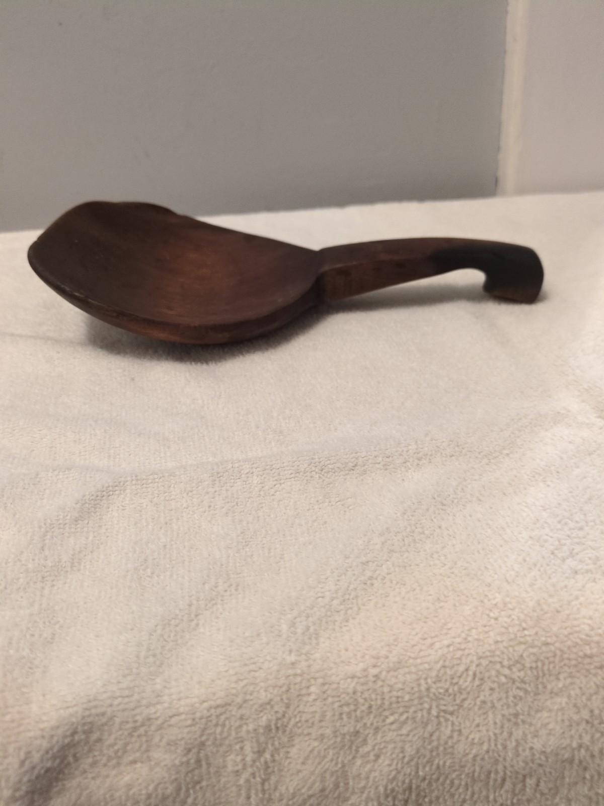 Antique Handmade Wooden Primitive Spoon Wide Bowl Short Handle Hooked 9.25”
