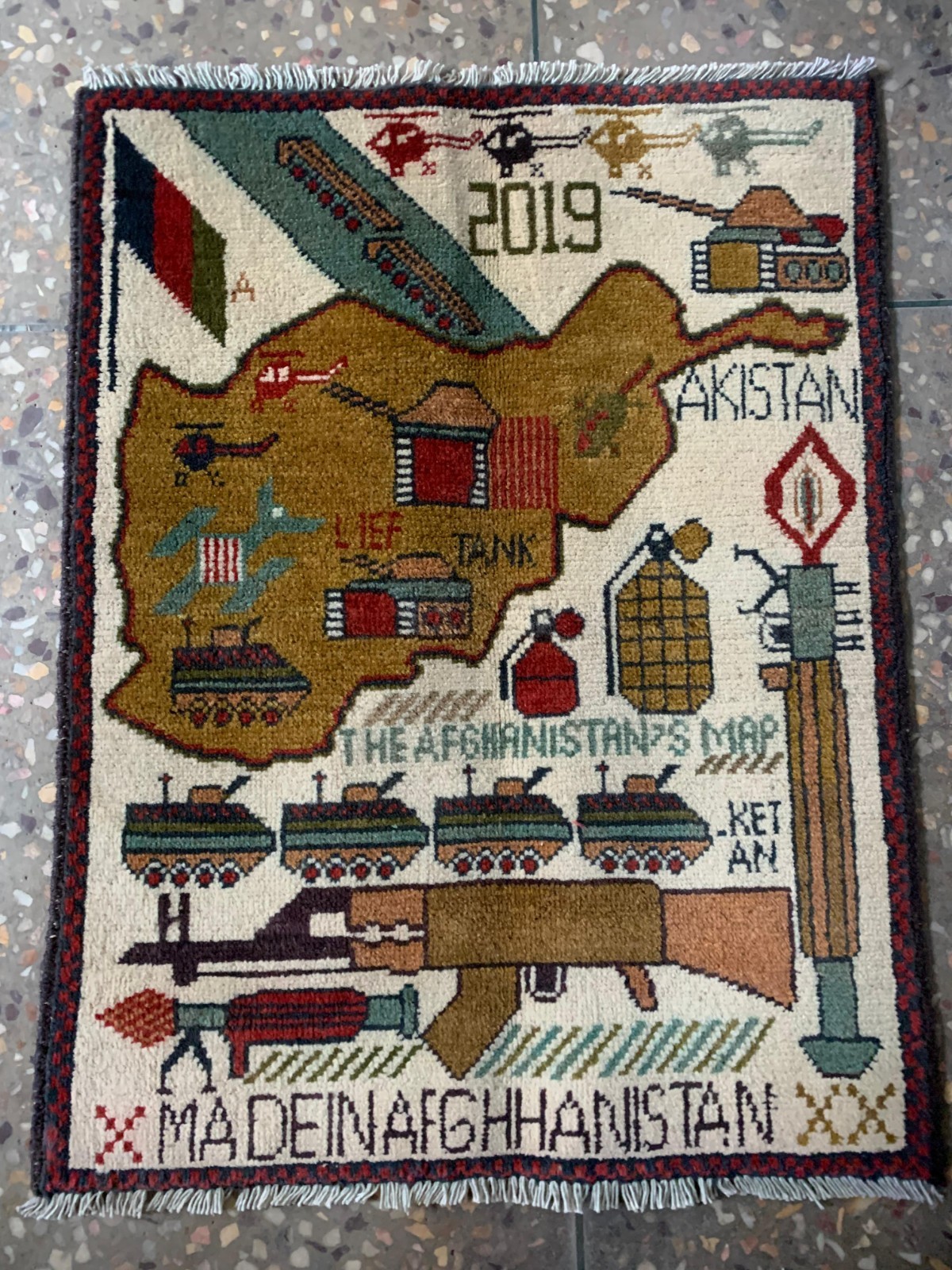 Taliban war rugs, tora boora hills, war map, road to Russia, tanks, AK47, peace