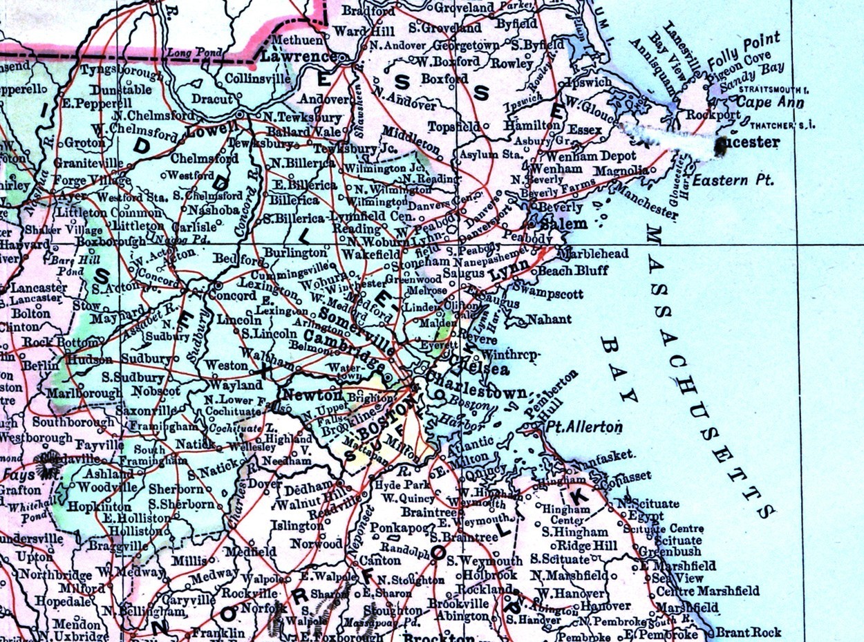1896 Johnson Map Massachusetts Boston Cape Cod Plymouth Salem Nantucket Concord