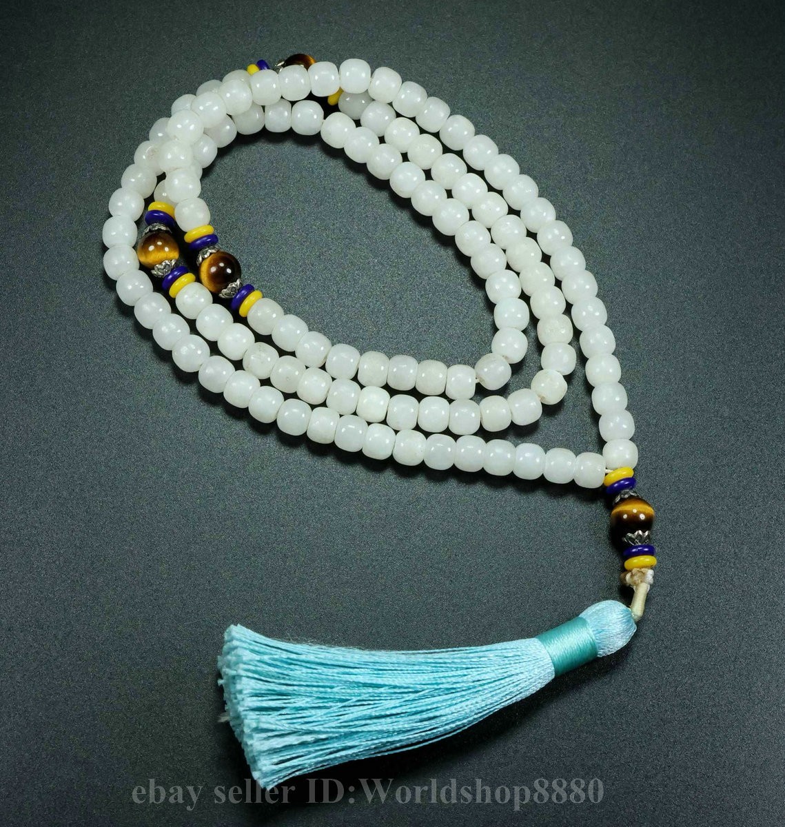 0.3″ Old Chinese Natural Hetian White Jade Carving 108 Bead Pendant Necklace