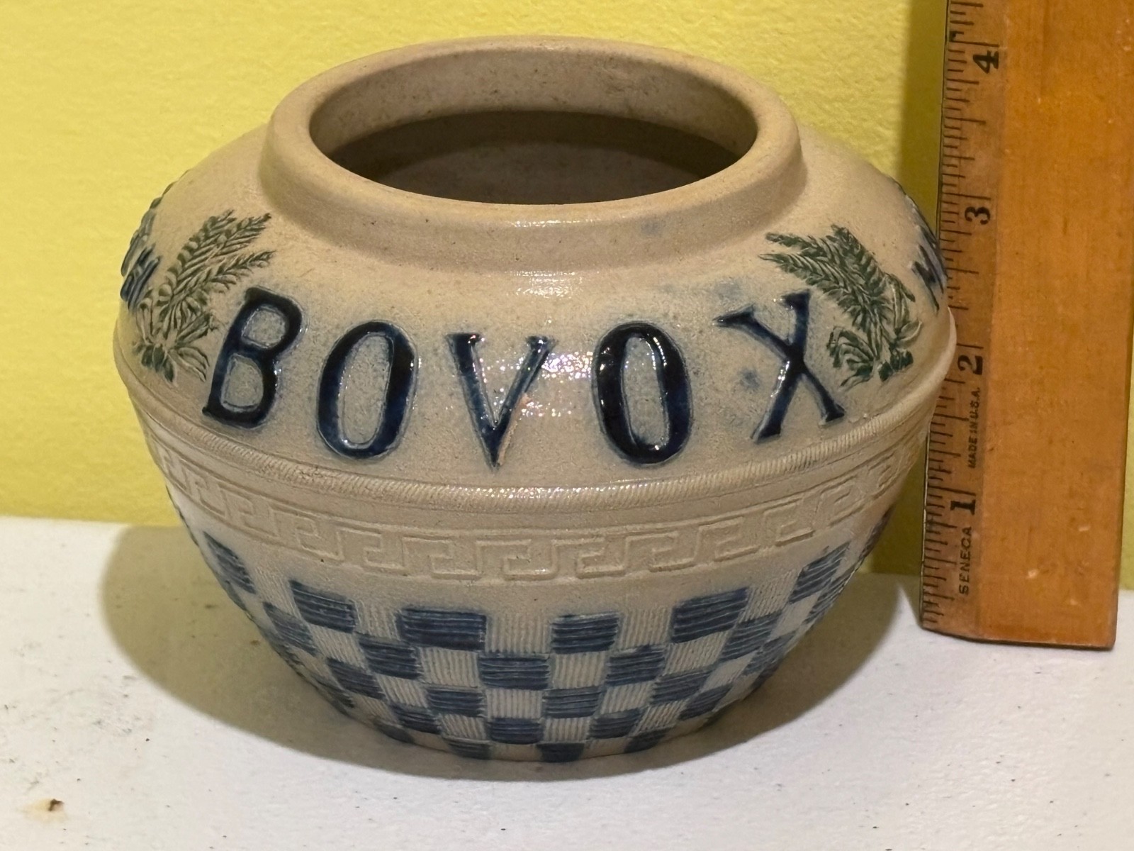 c.1900 Whites Utica NY cobalt decorated stoneware advertising crock Bovox Boston