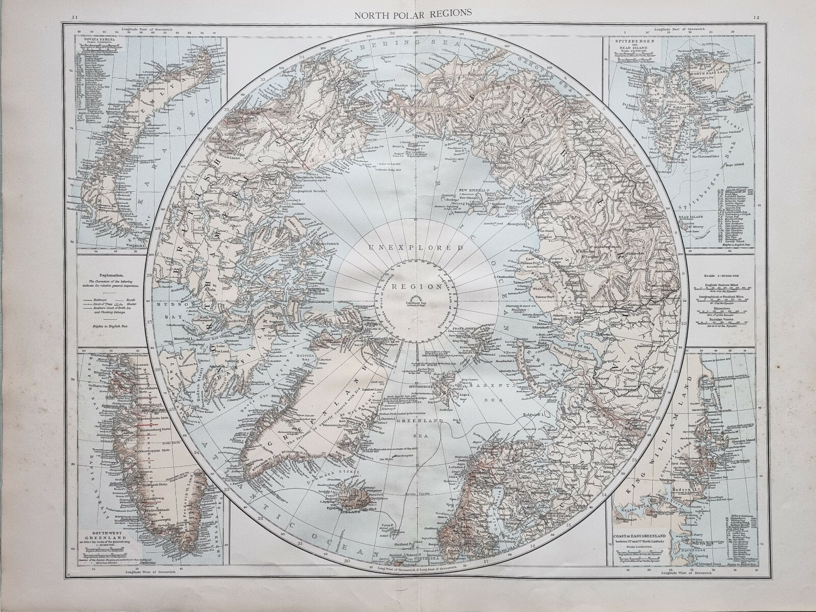 1895 ANTIQUE MAP NORTH POLAR REGION UNEXPLORED REGION GREENLAND NOVAYA ZEMLYA