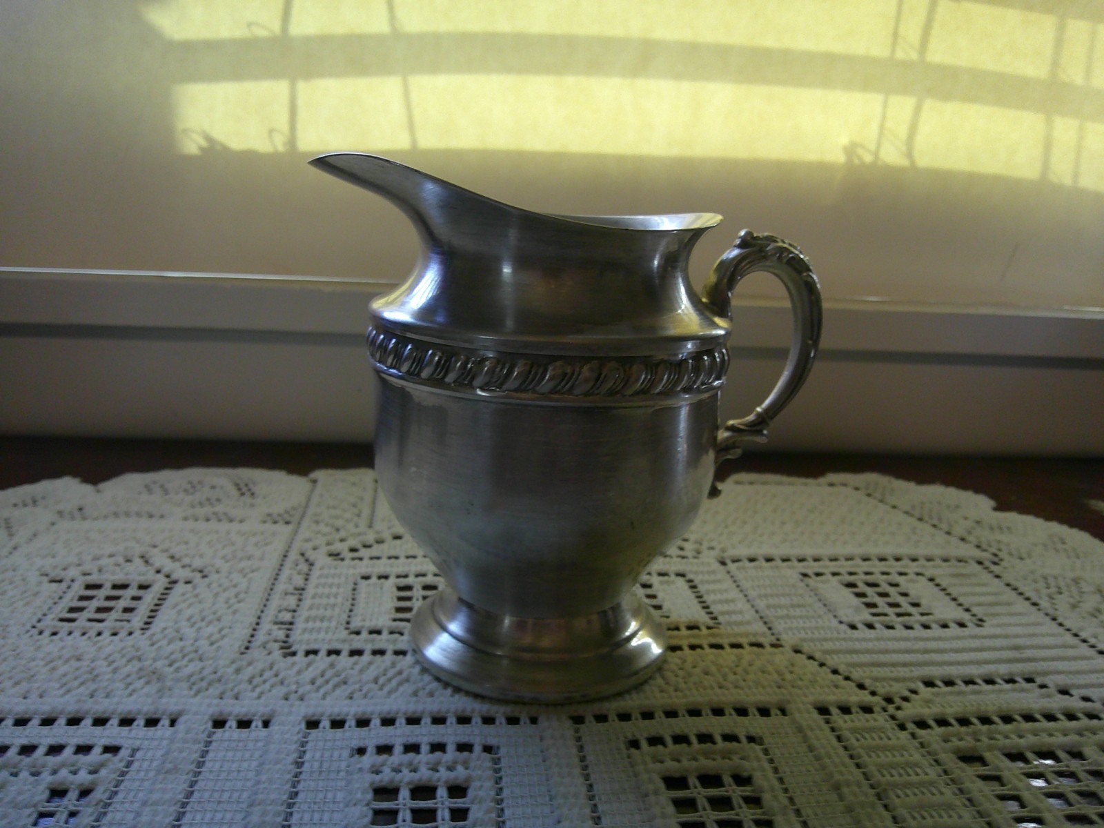 Antique Silver Plate over copper Creamer/Pitcher marked crown and shield, 5″