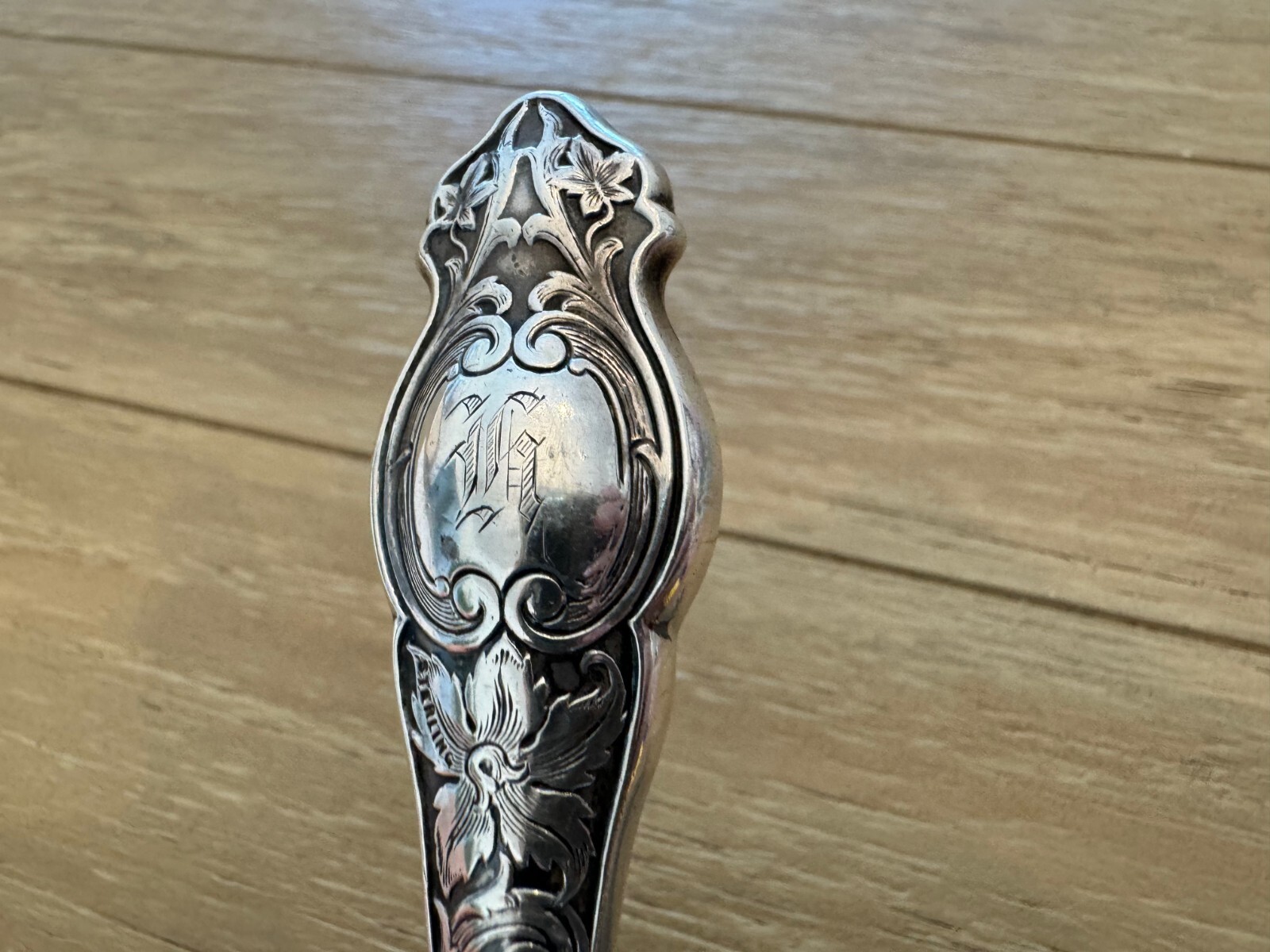 Antique Sterling Silver Handle Button Hook Engraved Floral Scrolling Design