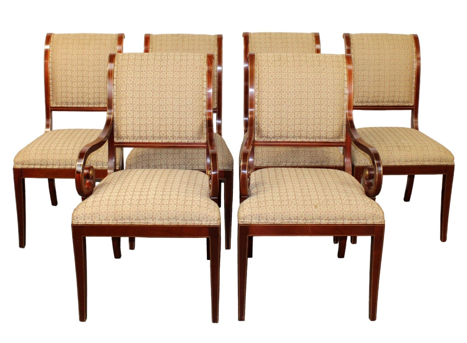 Set of 6 KINDEL Mahogany with Inlays Scroll Back Dinning Chairs