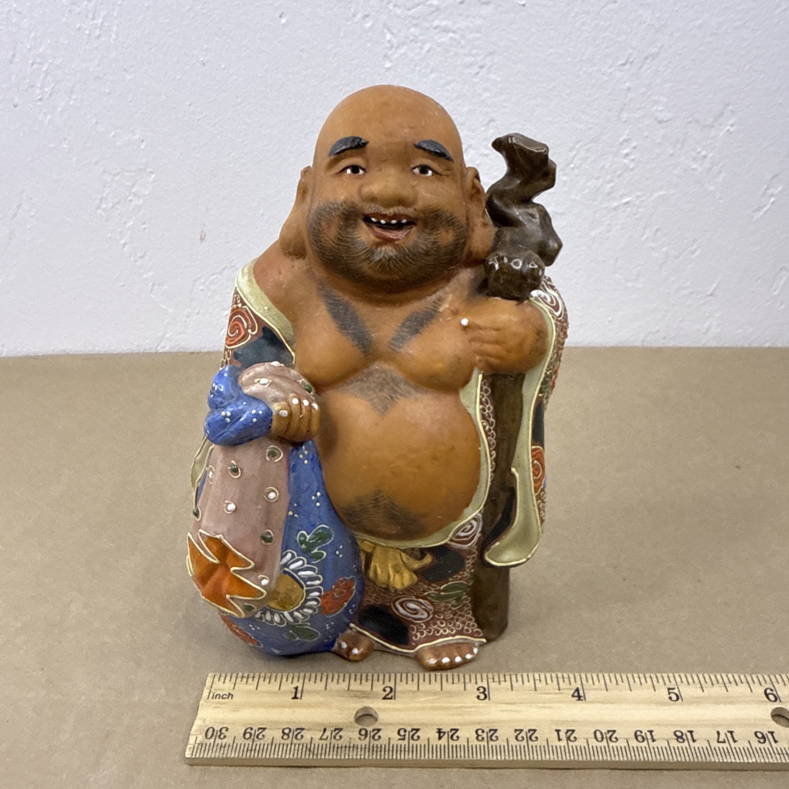 Antique Japanese Kutani Ware Porcelain Hotei Statue 5.75in Lucky Shouwa Era