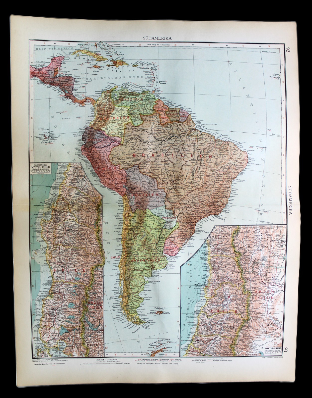 ANDREES HAND ATLAS MAP PLATE PAGE NO.92-93 CENTRAL & SOUTH AMERICA 1937 VINTAGE