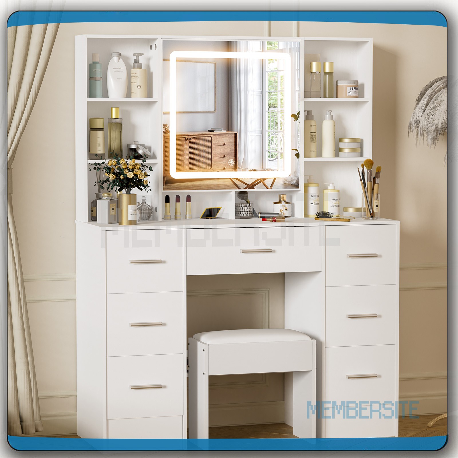 Vanity Table Stool Set w/ Openable ,Smart LED Mirror and 7 Drawers Makeup Vanity