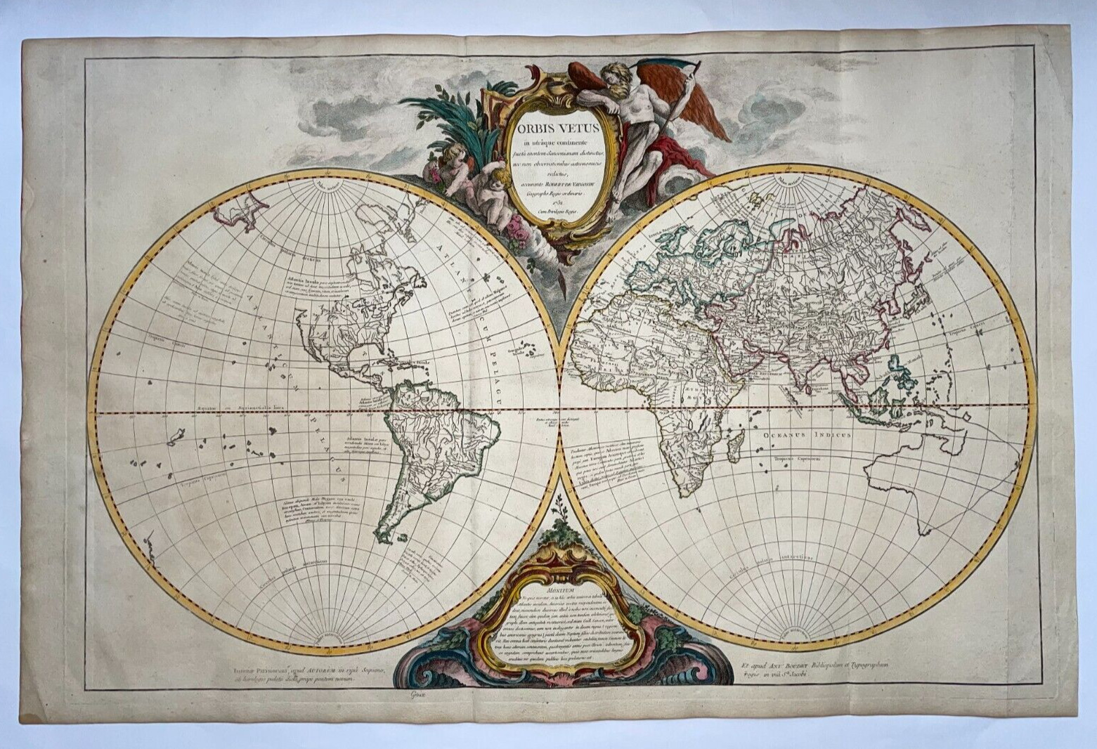 WORLD MAP ORBIS VETUS (ATLANTIS) 1752 ROBERT DE VAUGONDY VERY LARGE ANTIQUE MAP