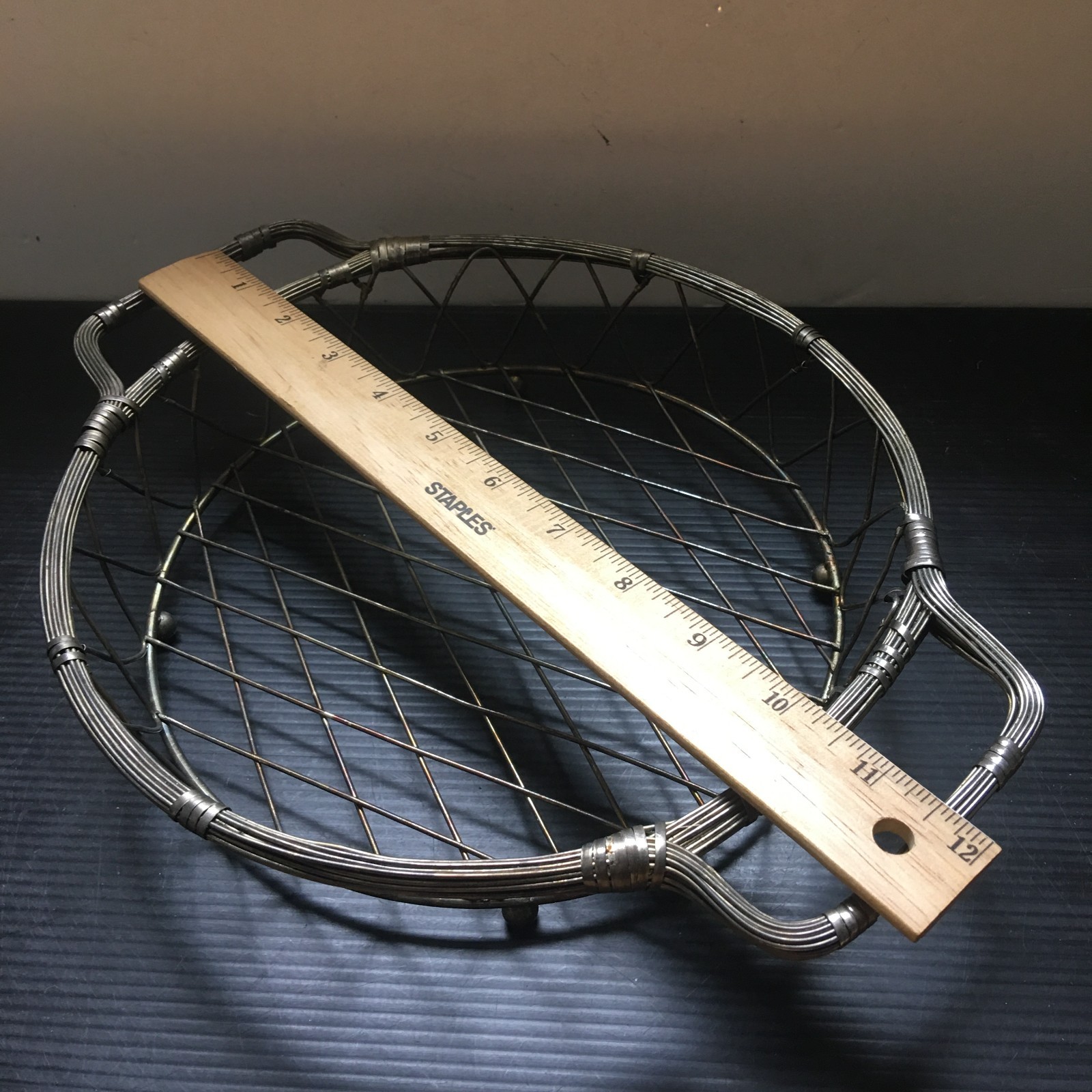 Antique Round Silver Plated Wire Bread Serving Basket W/Handles & Ball Feet 12″L