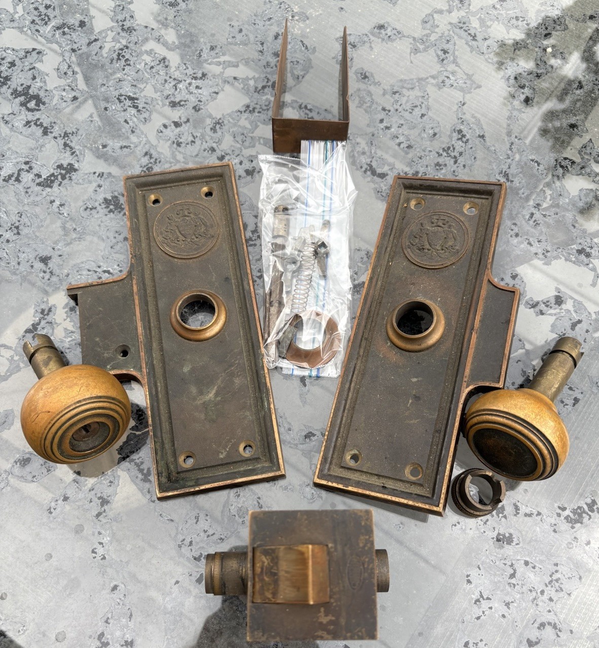 Victorian Brass Bronze Door Knobs & Double Backplate & Corbin Lock. See Pictures