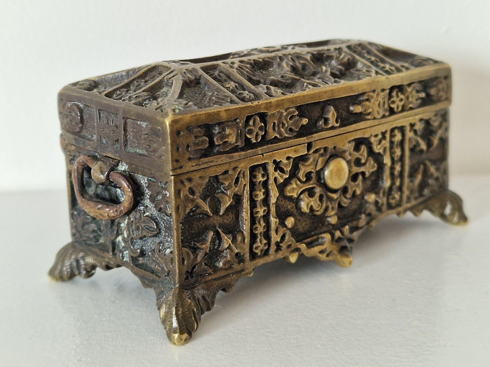 ANTIQUE ORNATE FRENCH BRONZE CASKET JEWELLERY TRINKET BOX HINGED TREASURE CHEST