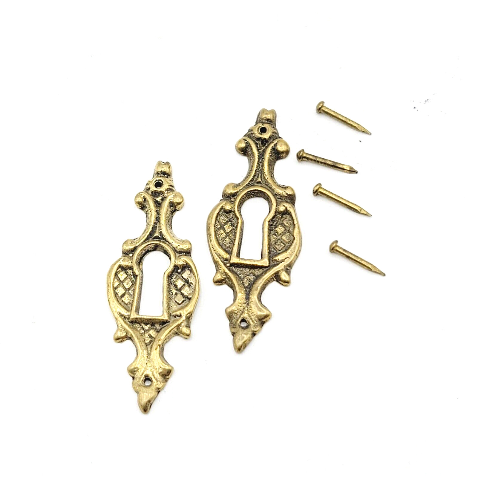 Set of 2 Vintage Oval Brass Skeleton Key hole Escutcheon Salvage Lot 4 Nails