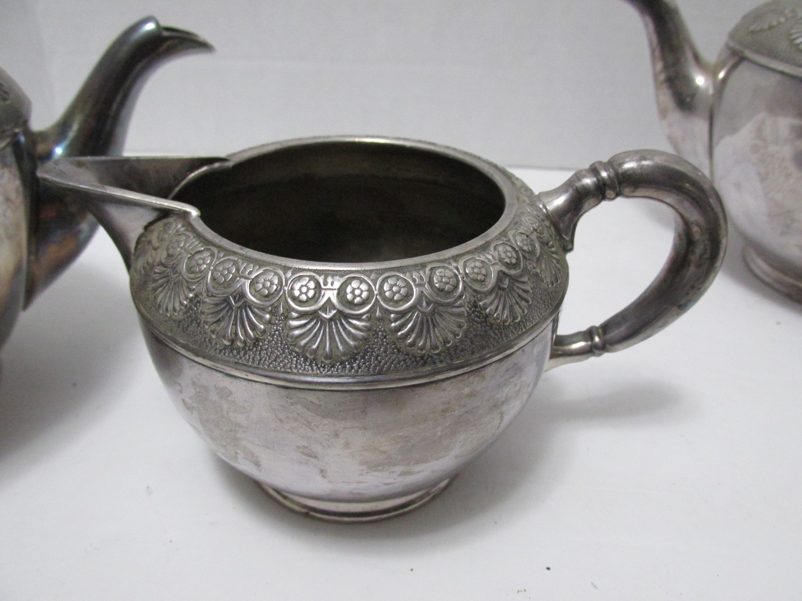 4pc Webster & White TEA SET Silverplate Fan Flower Embossed 2 Pots Sugar Creamer