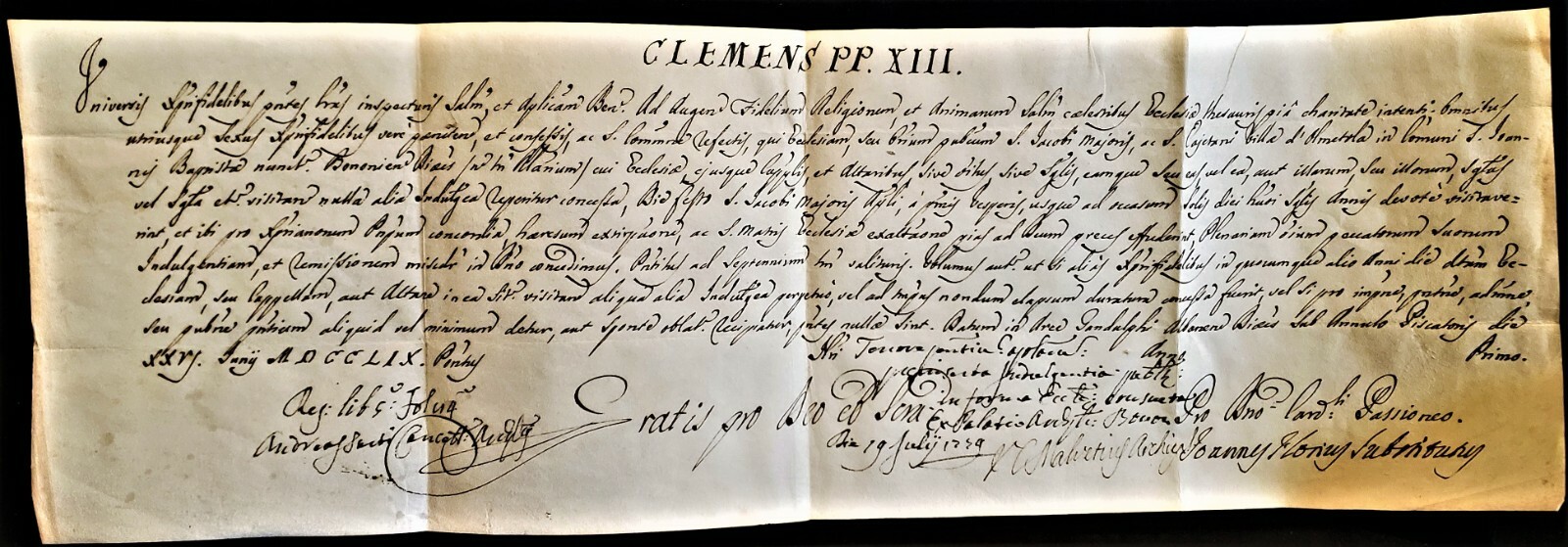 POPE CLEMENT XIII BULL: Cardinal Passionei Signed Concession of Indulgences 1759