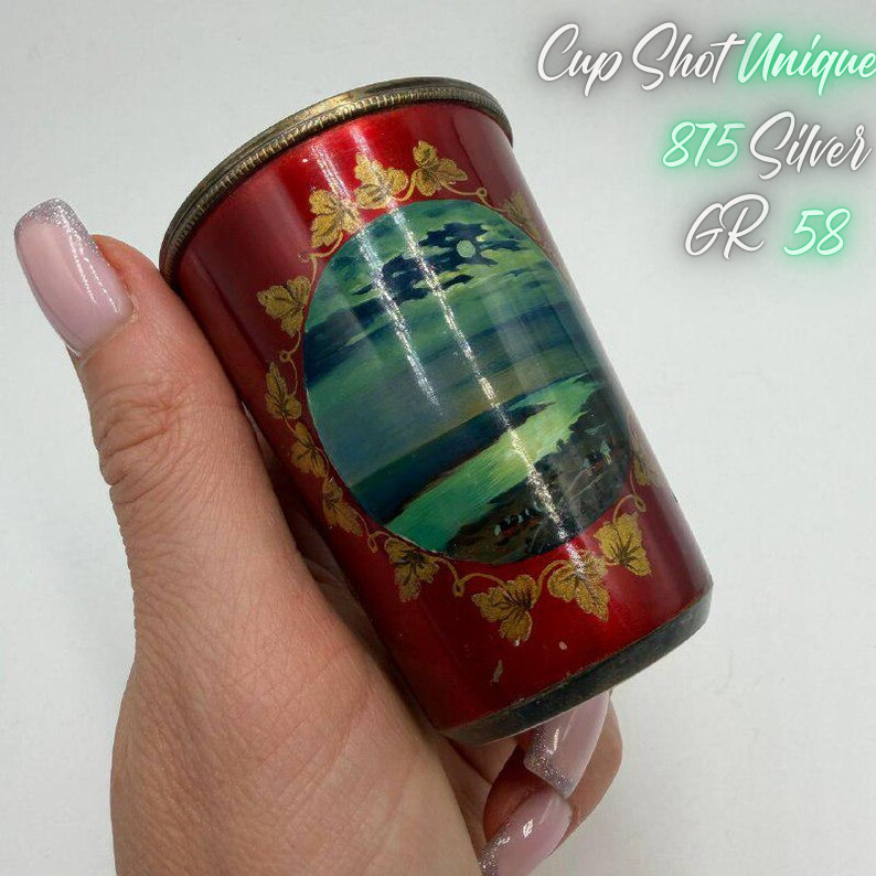 Soviet Vintage USSR Shot Cup Old Unique 875 Silver Gilt Red Enamel Hand-Painted