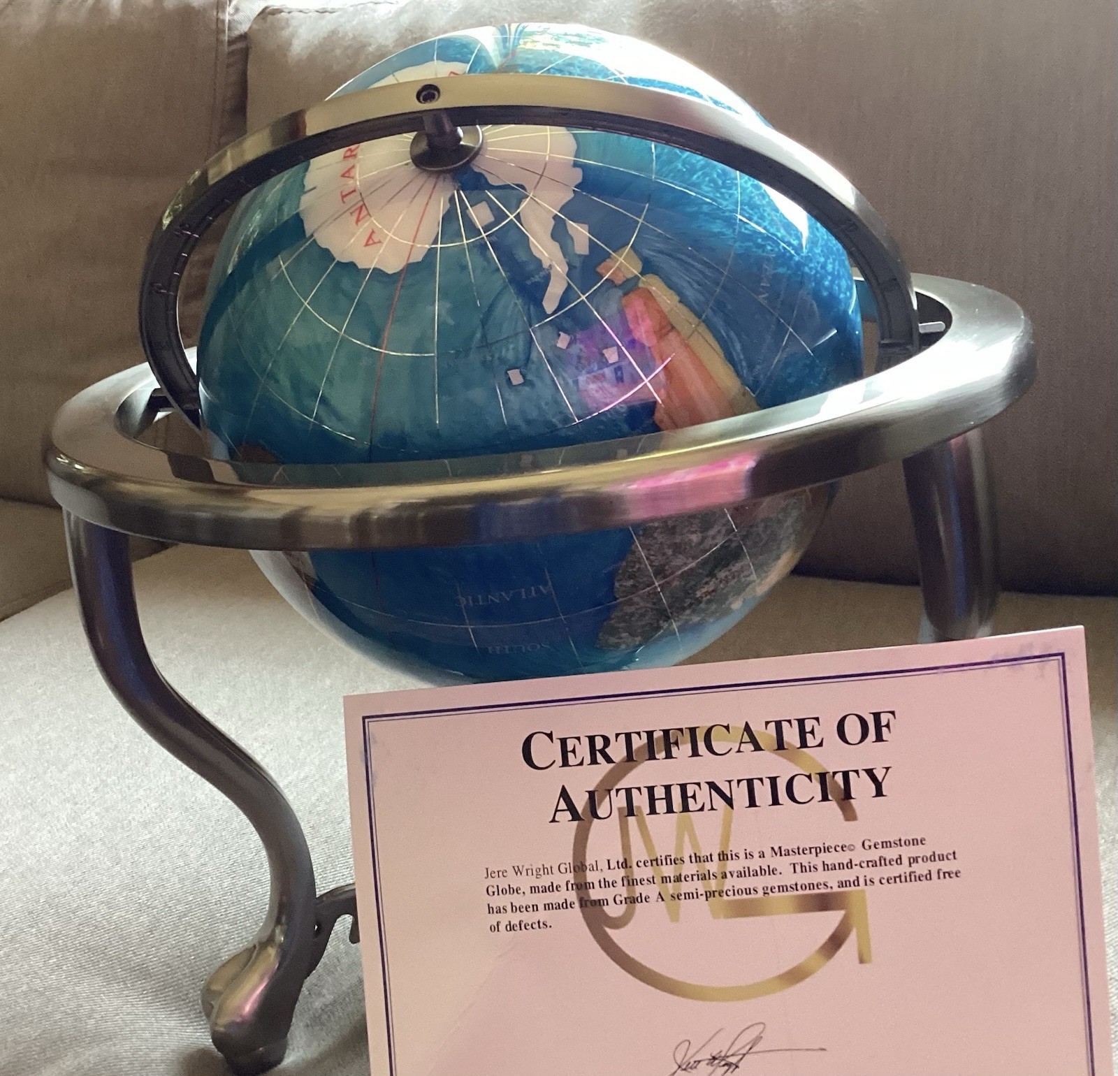 Vintage Blue Gemstone World Globe w/gold Plated Brass Stand