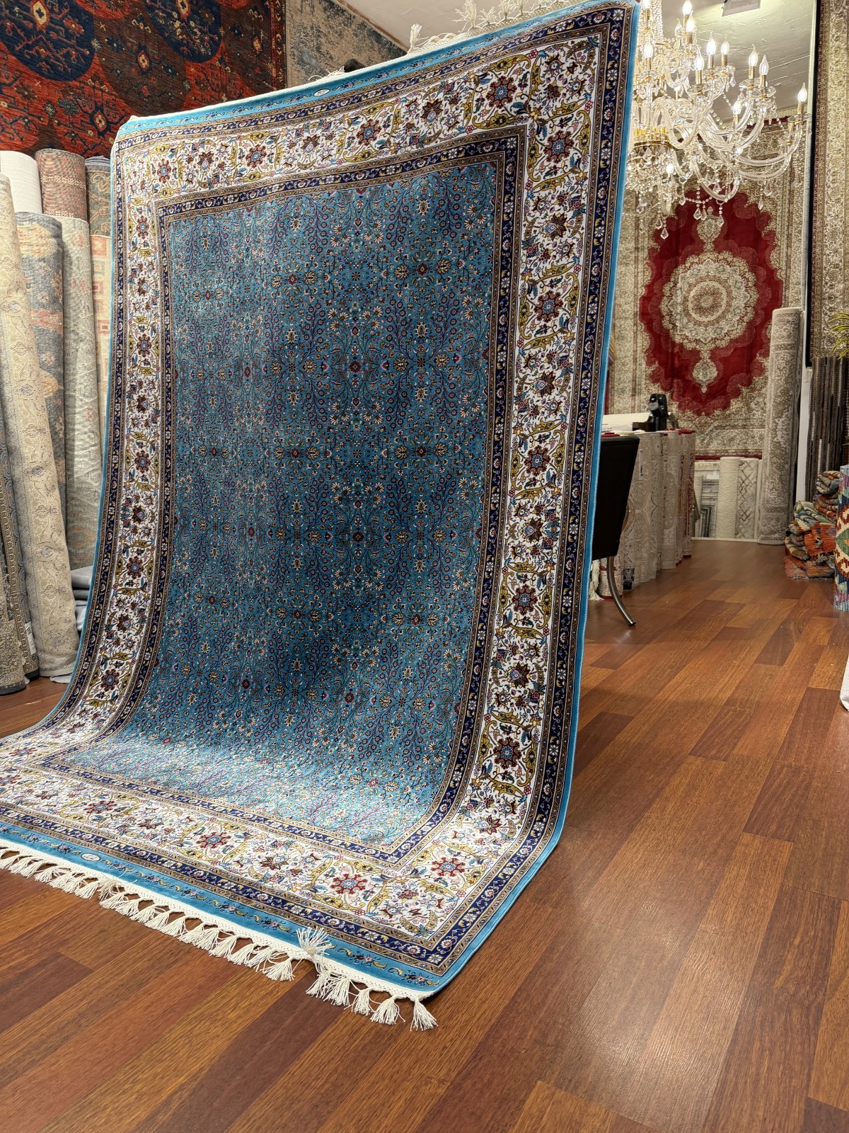 Blue Turkish Silk Rug 5×8 ft Fringed Oriental Carpet Luxury Design