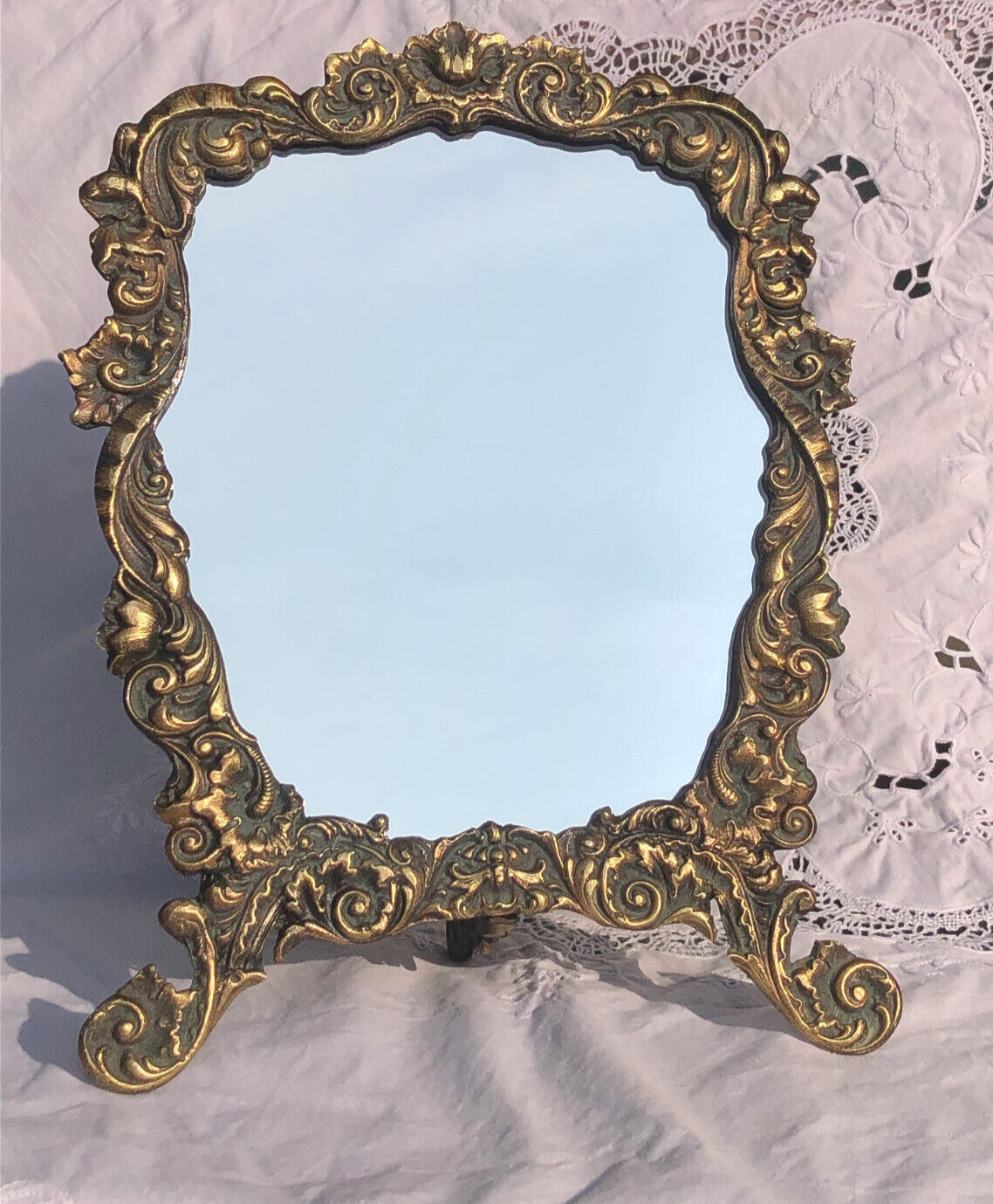 Vintage French Brass Folding Table Mirror Ornate Free Standing Vanity Makeup