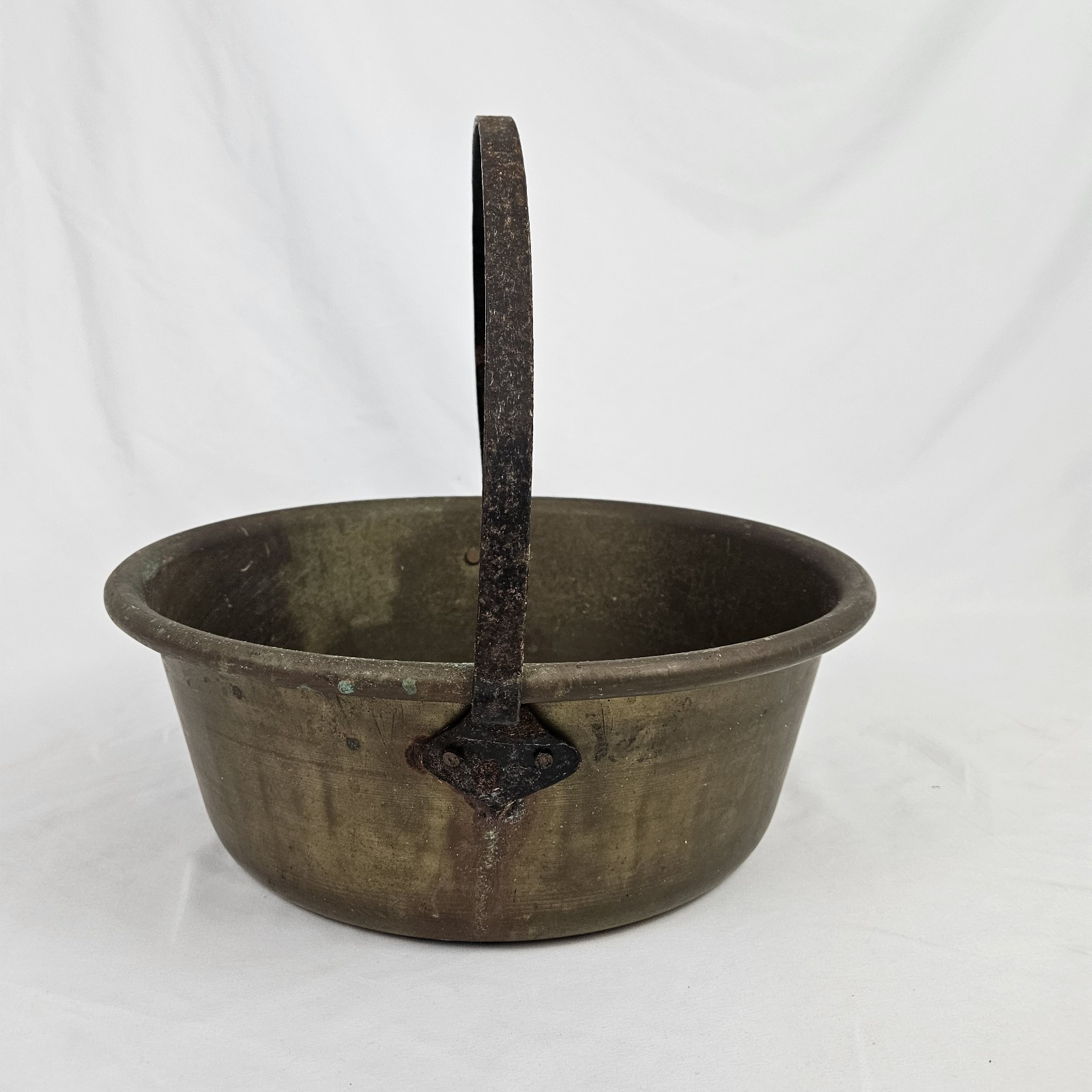 Antique Brass Bean Pot Cauldron Campfire Pan Copper Handle Forged Primitive